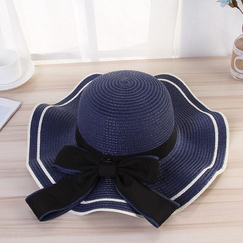 Navy Bowknot Striped Straw Visor Hat
