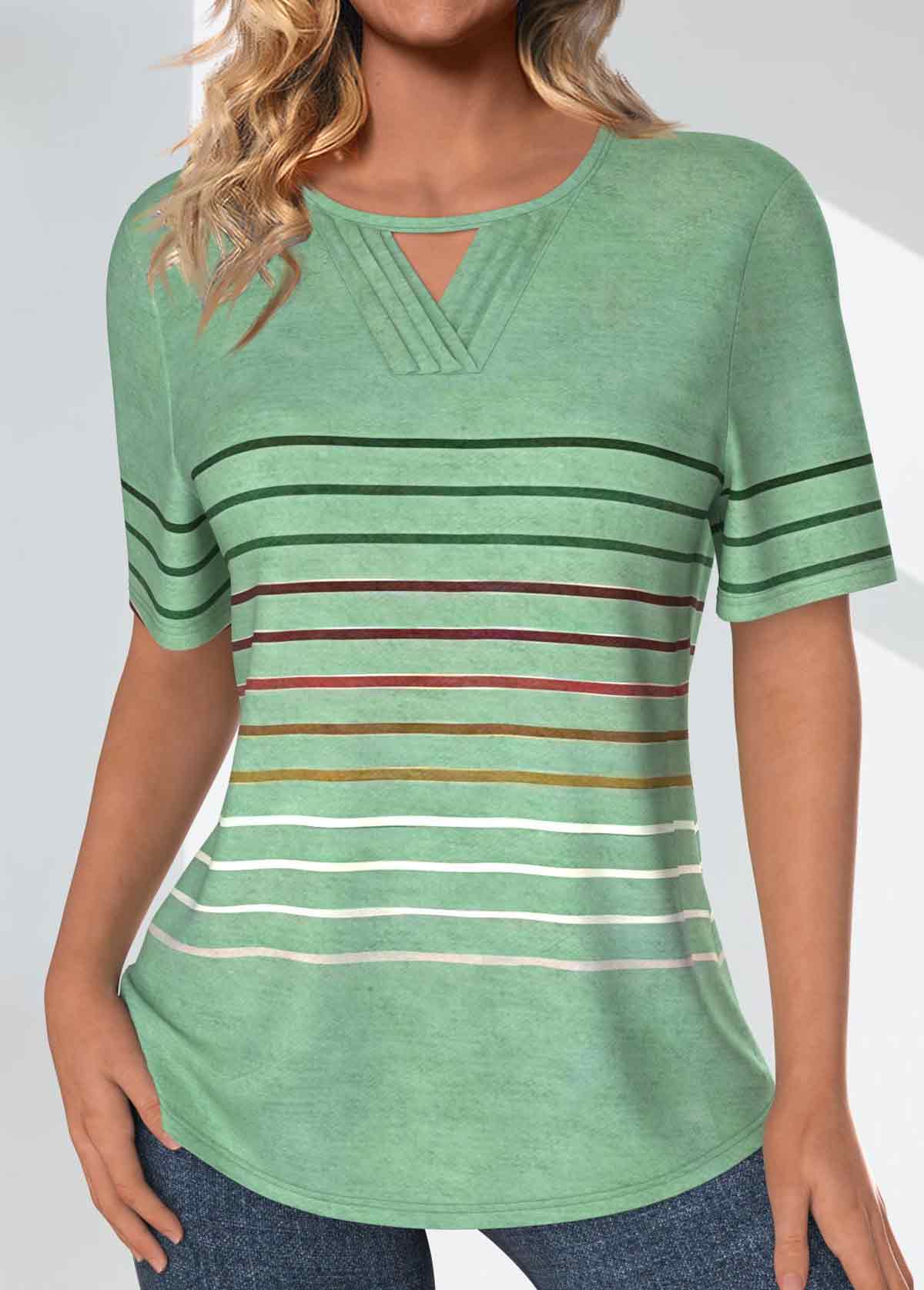 Light Green Tuck Stitch Striped Short Sleeve T Shirt | picture 