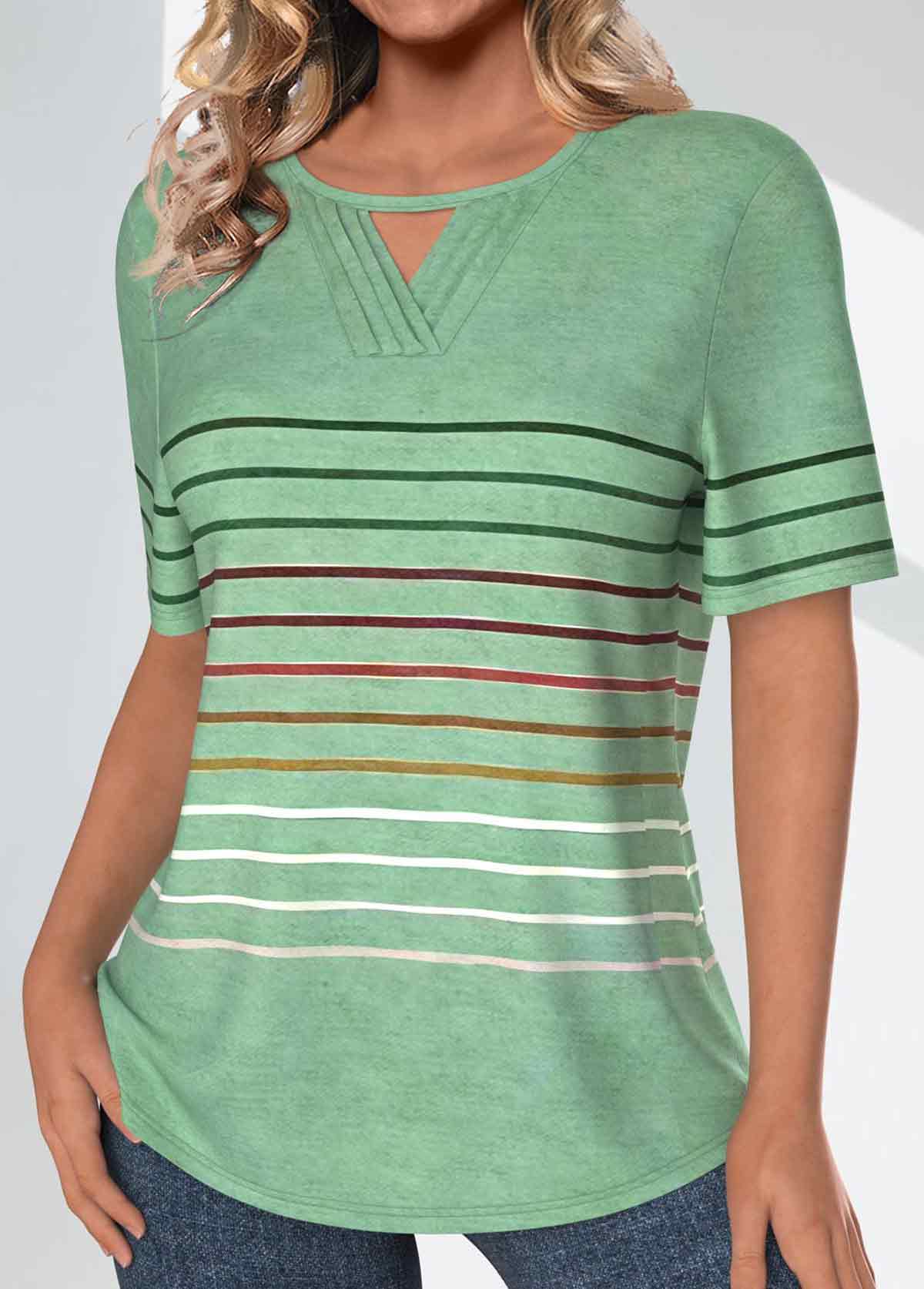 Light Green Tuck Stitch Striped Short Sleeve T Shirt | picture 