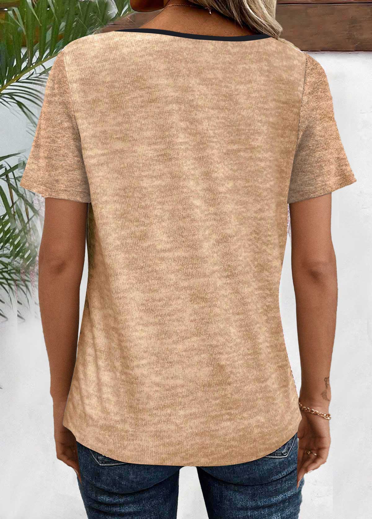 Light Camel Patchwork Geometric Print Short Sleeve T Shirt