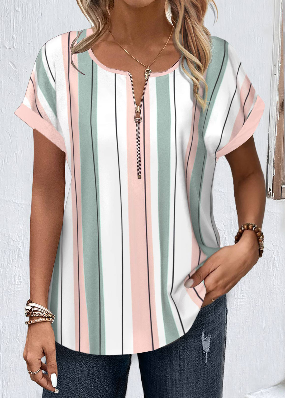 White Zipper Striped Short Sleeve Round Neck Blouse | picture 