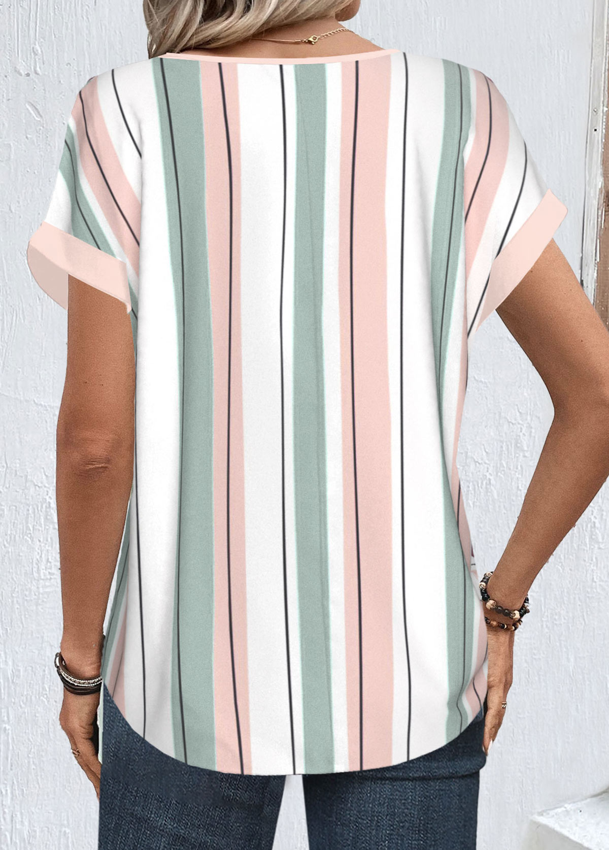 White Zipper Striped Short Sleeve Round Neck Blouse | picture 