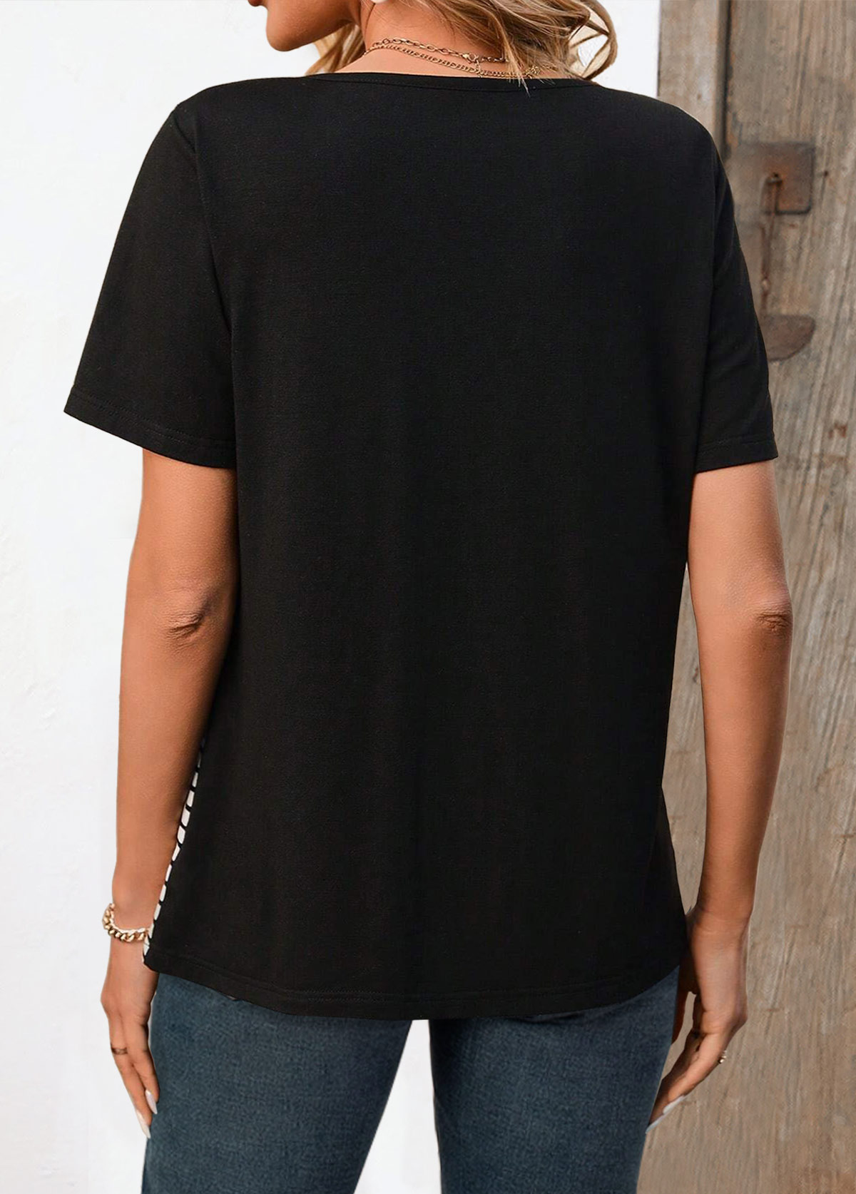 Black Patchwork Striped Short Sleeve Split Neck T Shirt