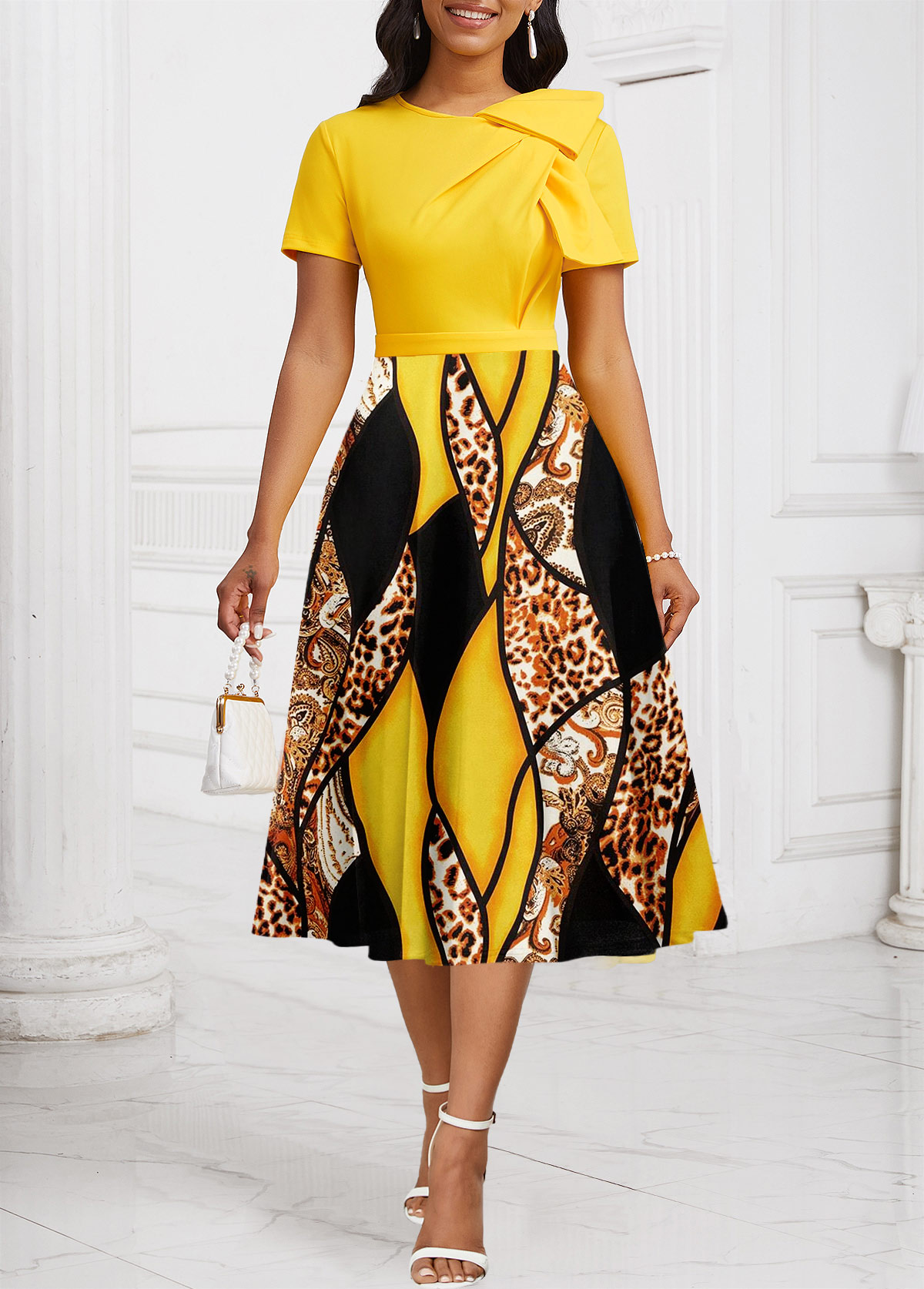 Yellow Patchwork Leopard Short Sleeve Round Neck Dress