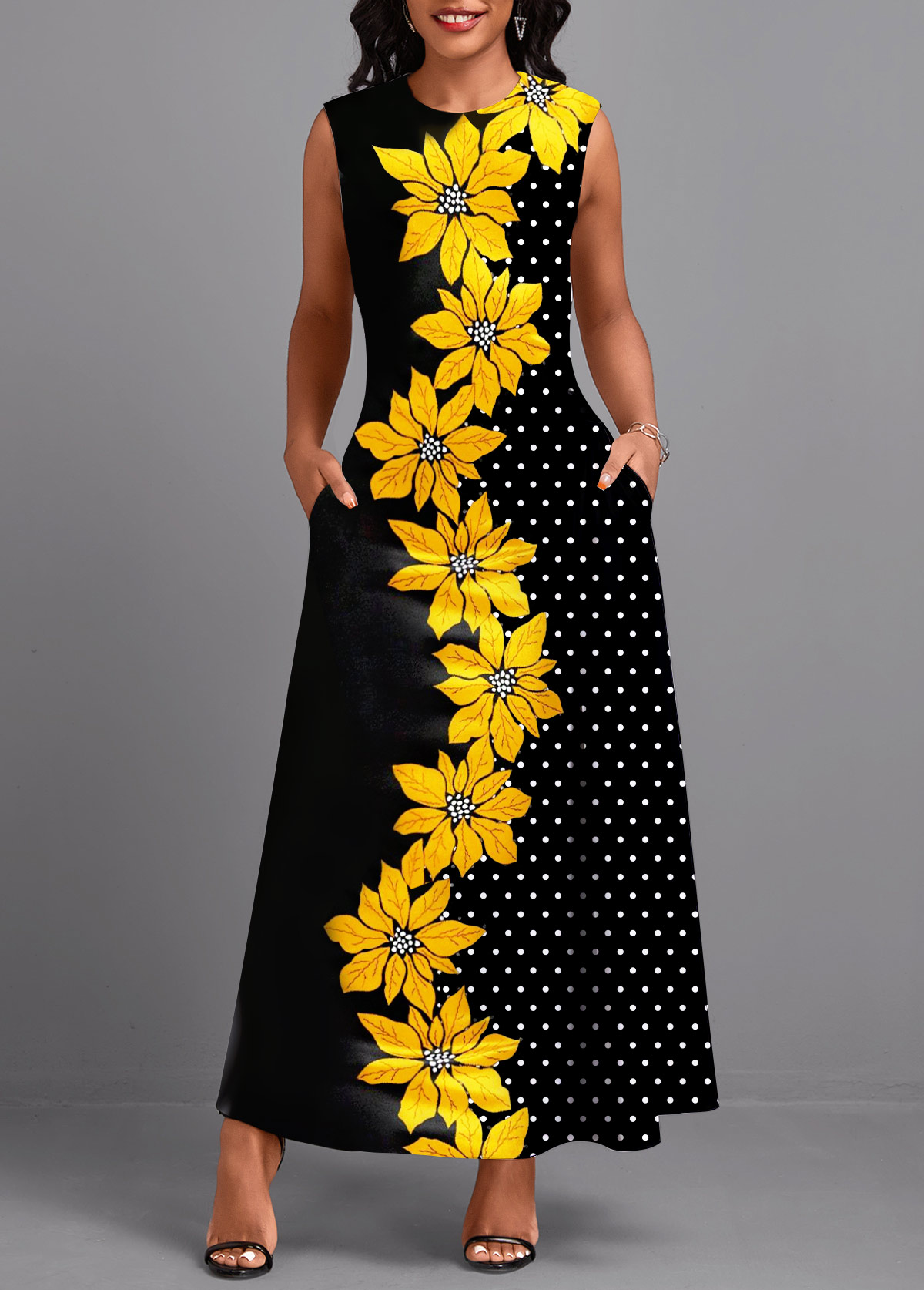 Black Double Side Pockets Floral Print Sleeveless Maxi Dress
