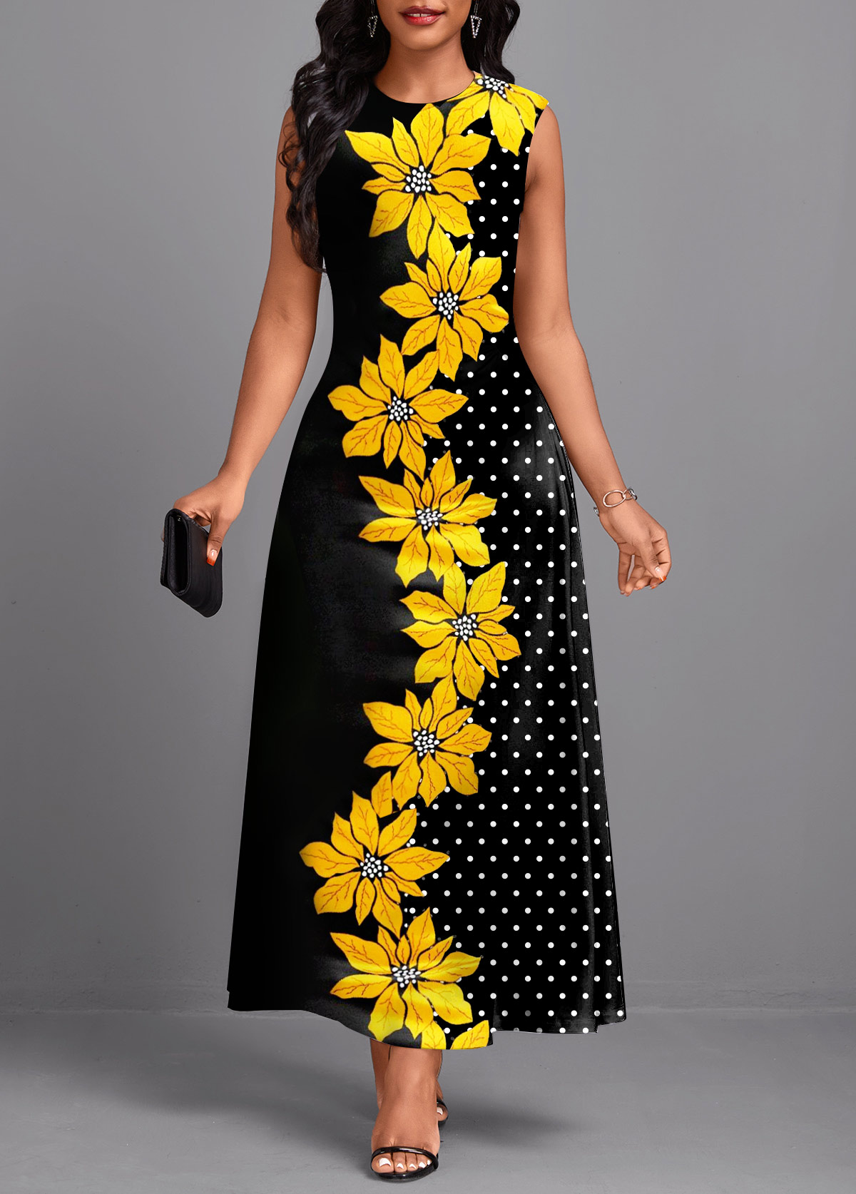 Black Double Side Pockets Floral Print Sleeveless Maxi Dress