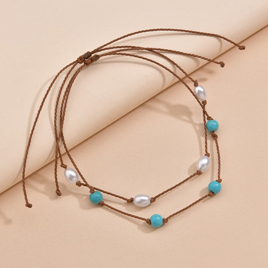 Mint Green Layered Beaded Plastic Anklets