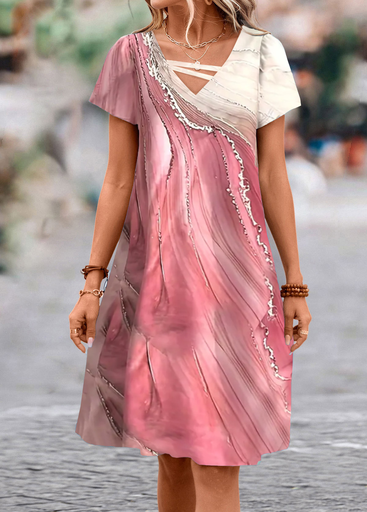 Pink Asymmetry Wave Pattern Print A Line Dress | picture 