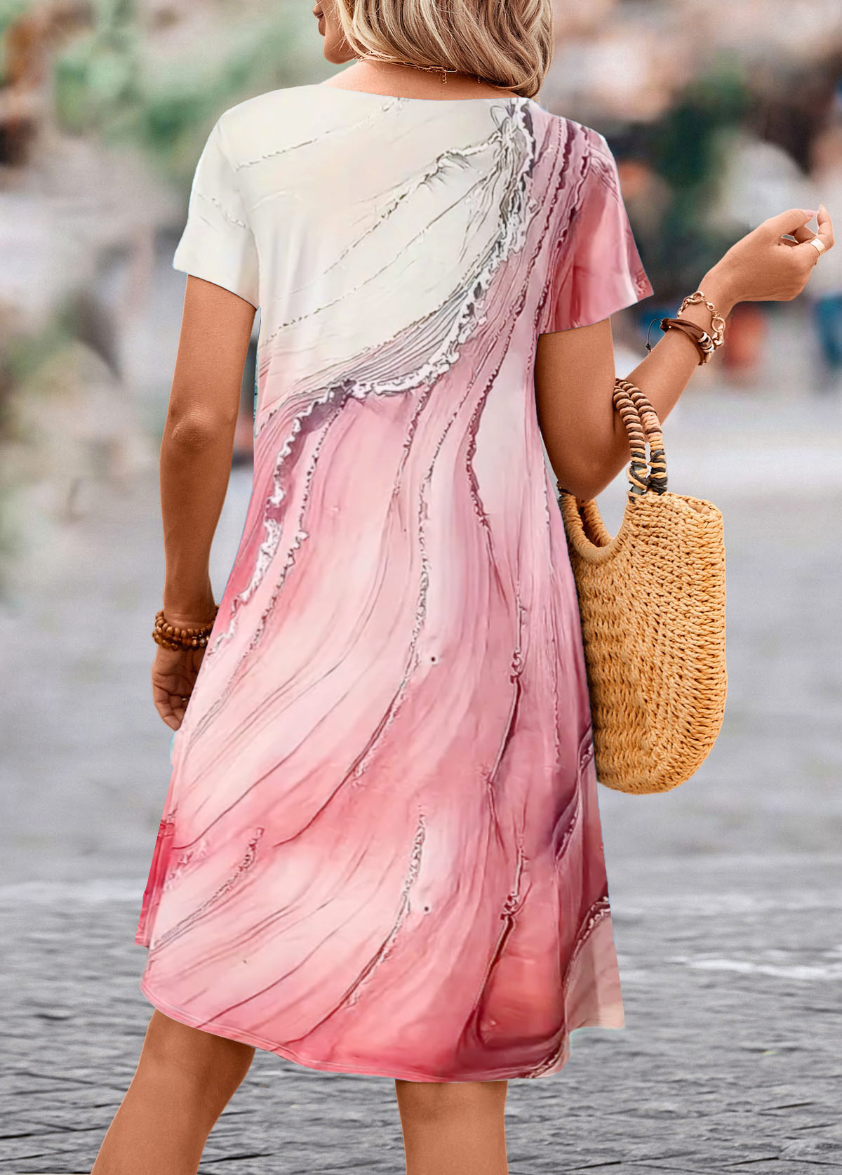 Pink Asymmetry Wave Pattern Print A Line Dress | picture 