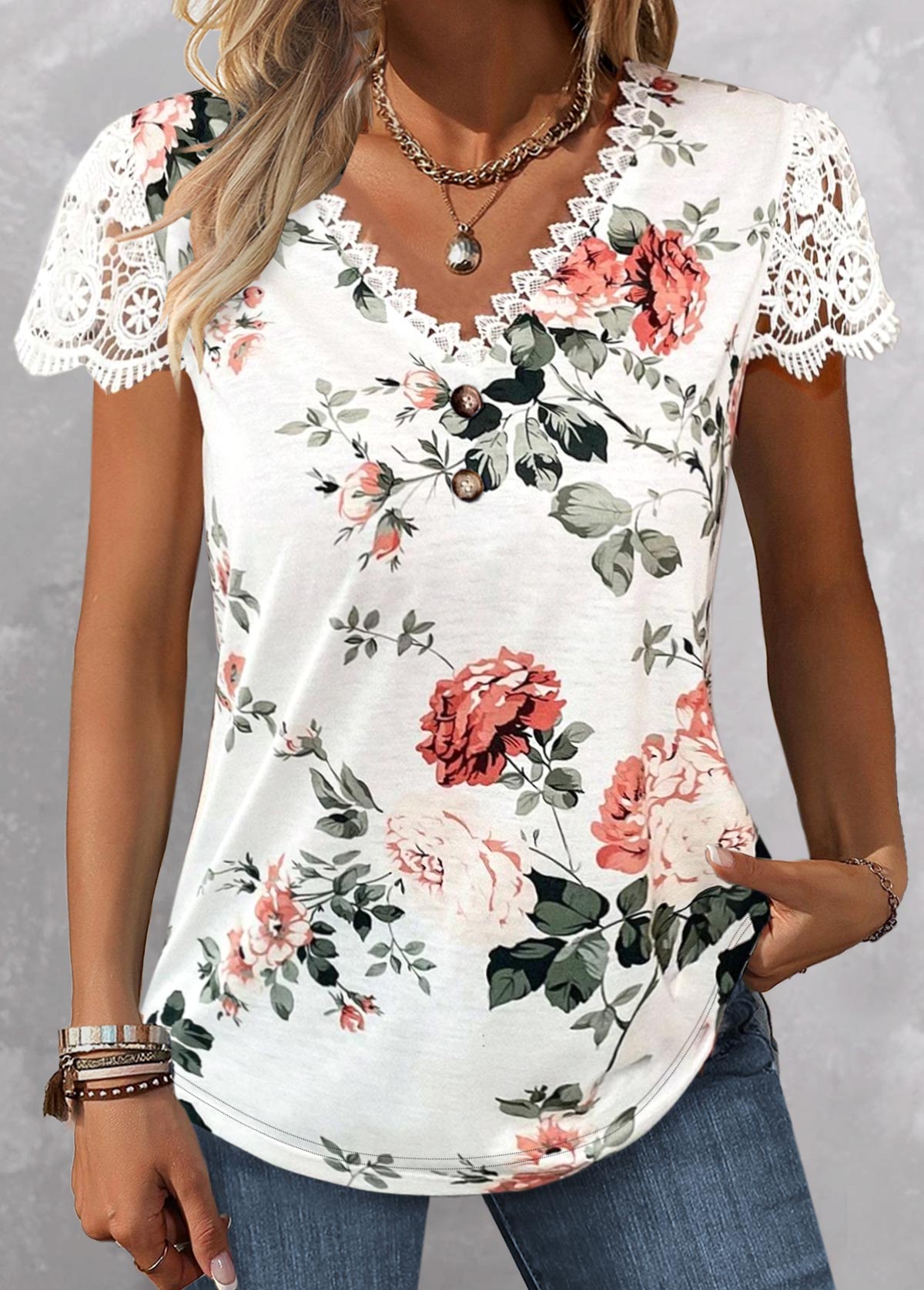 White Lace Floral Print Short Sleeve T Shirt