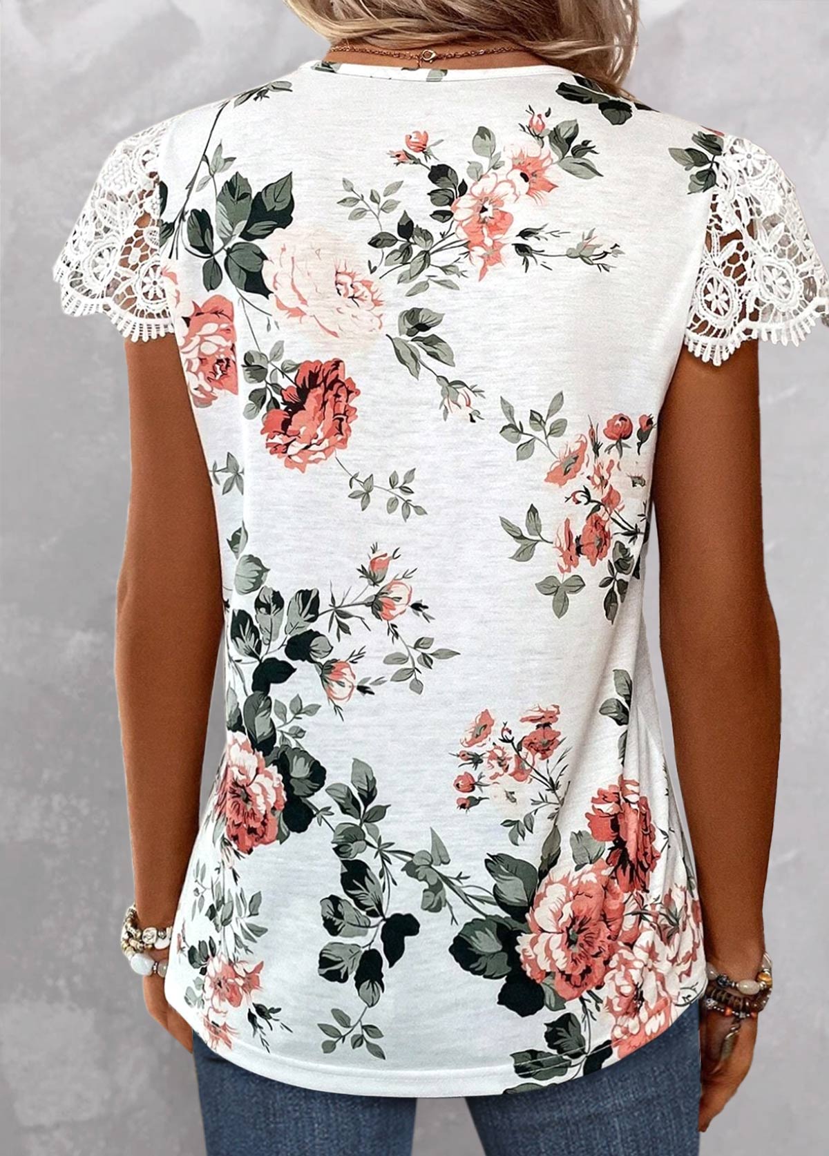 White Lace Floral Print Short Sleeve T Shirt
