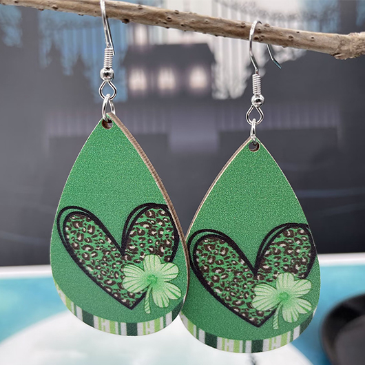 Green Wood Heart Clover Geometric Earrings