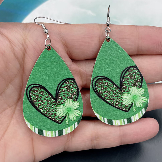 Green Wood Heart Clover Geometric Earrings