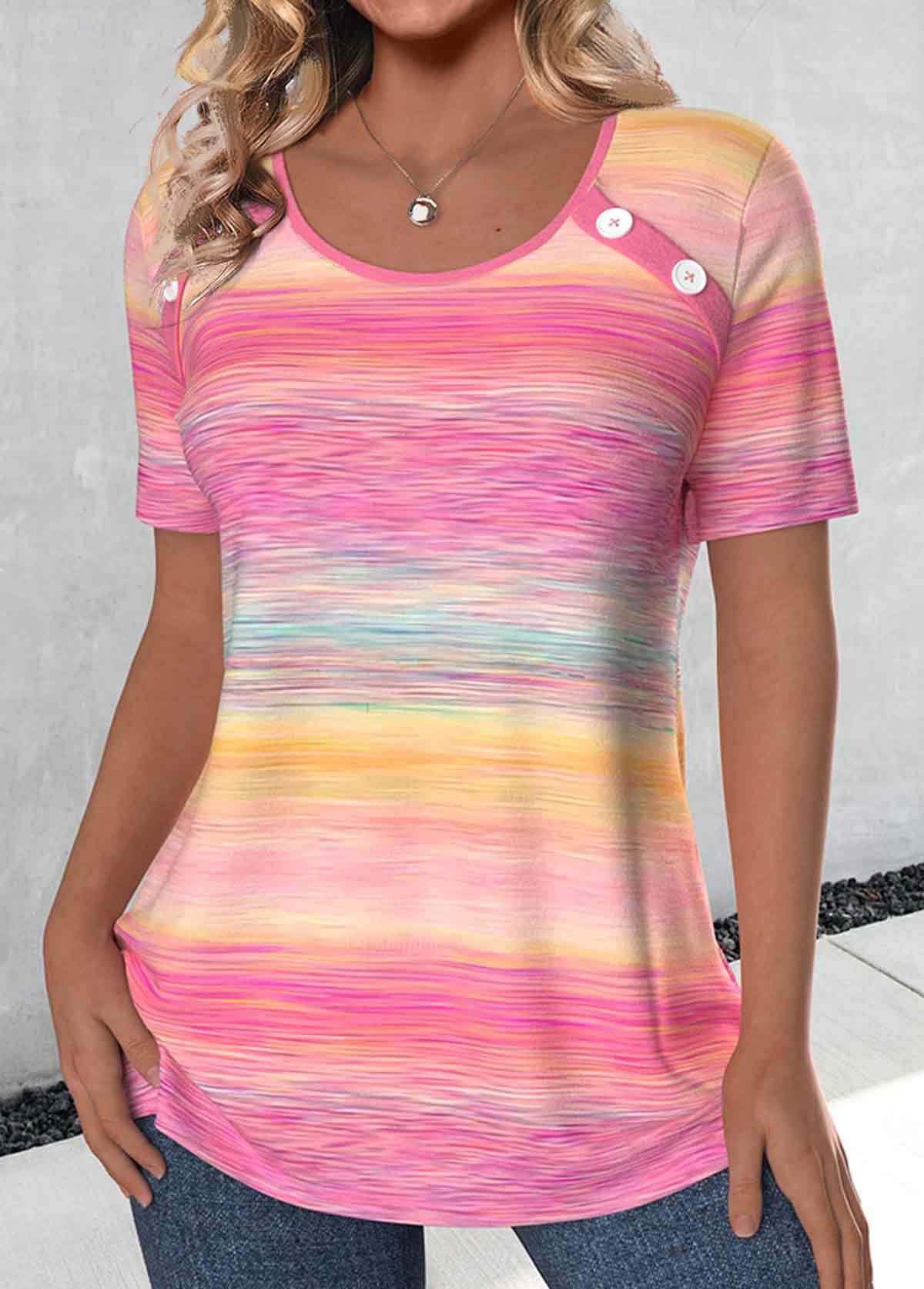 Pink Button Ombre Short Sleeve Round Neck T Shirt
