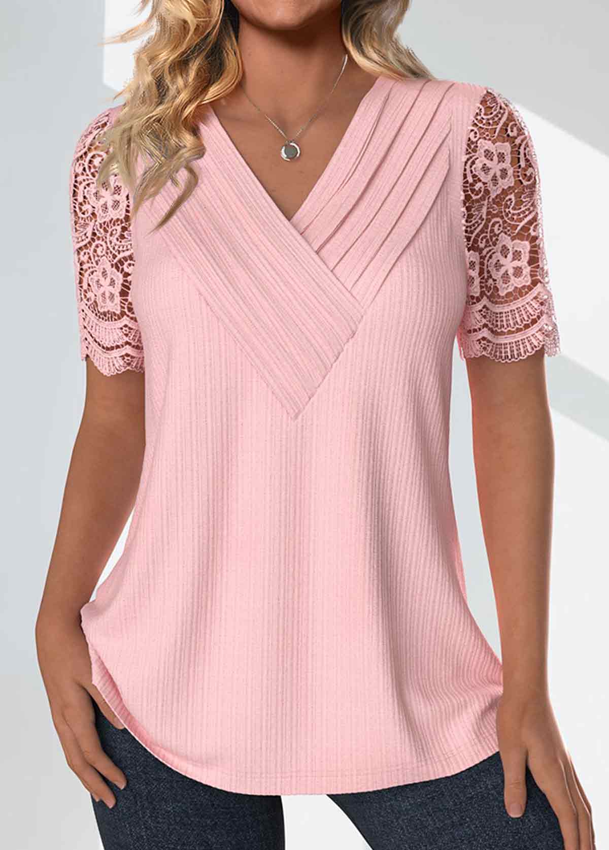 Light Pink Tuck Stitch Short Sleeve T Shirt
