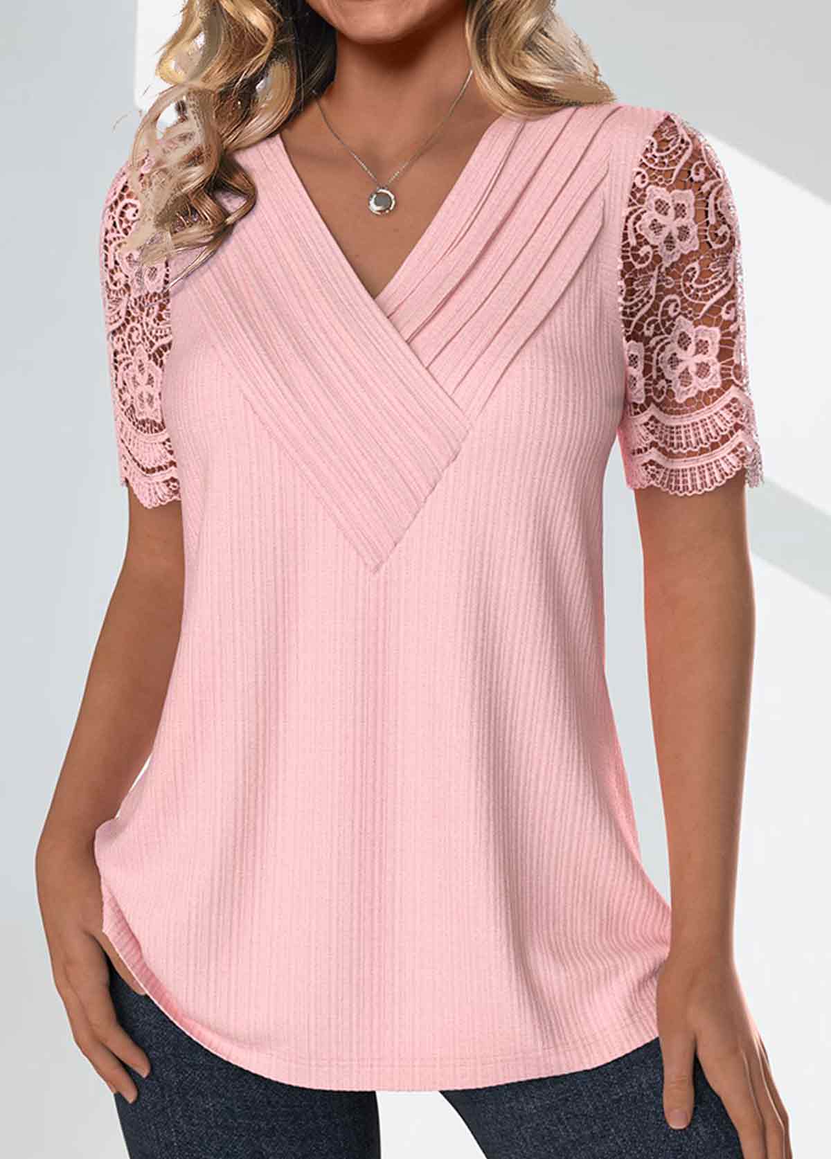 Light Pink Tuck Stitch Short Sleeve T Shirt | picture 