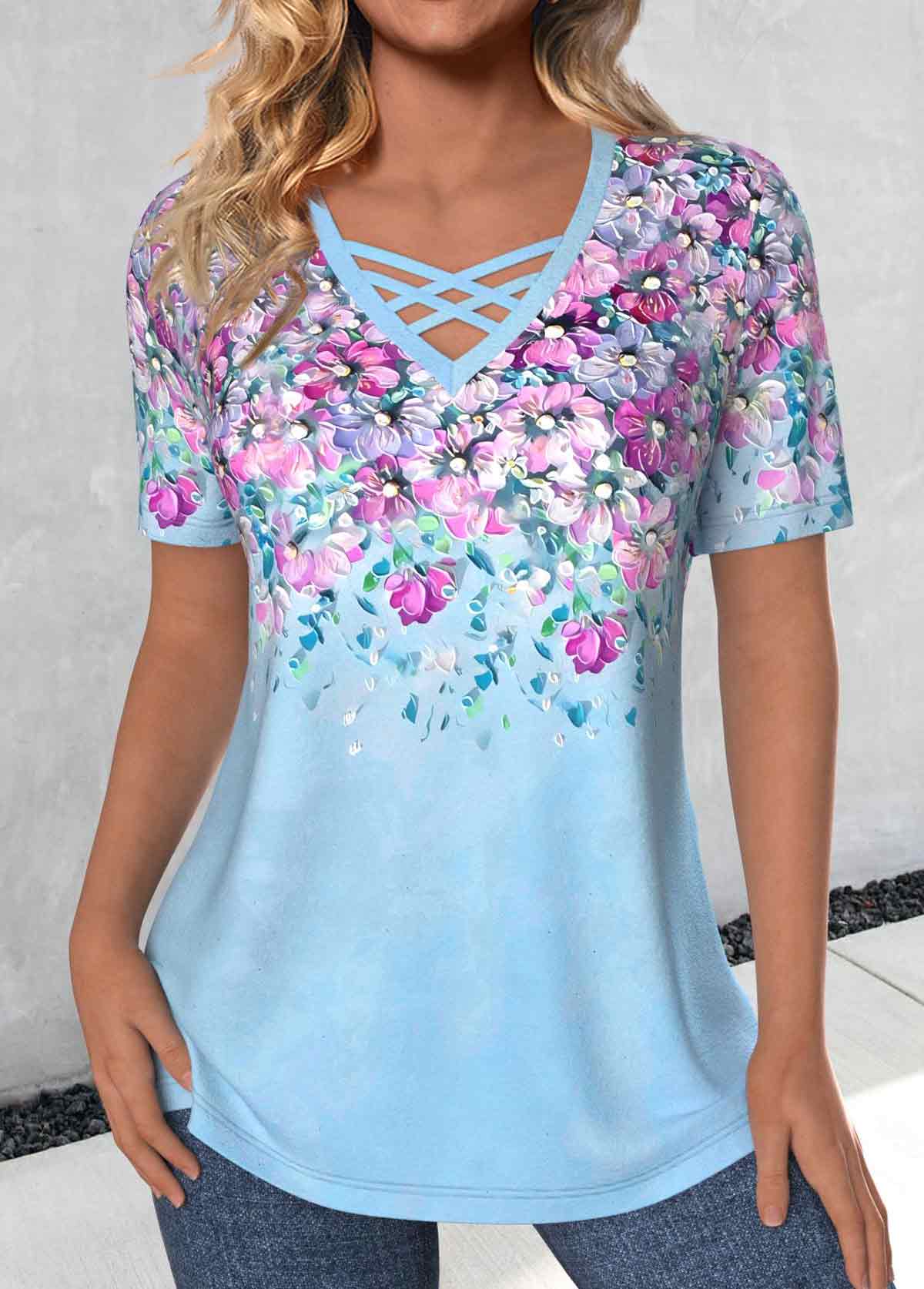 Light Blue Criss Cross Floral Print T Shirt