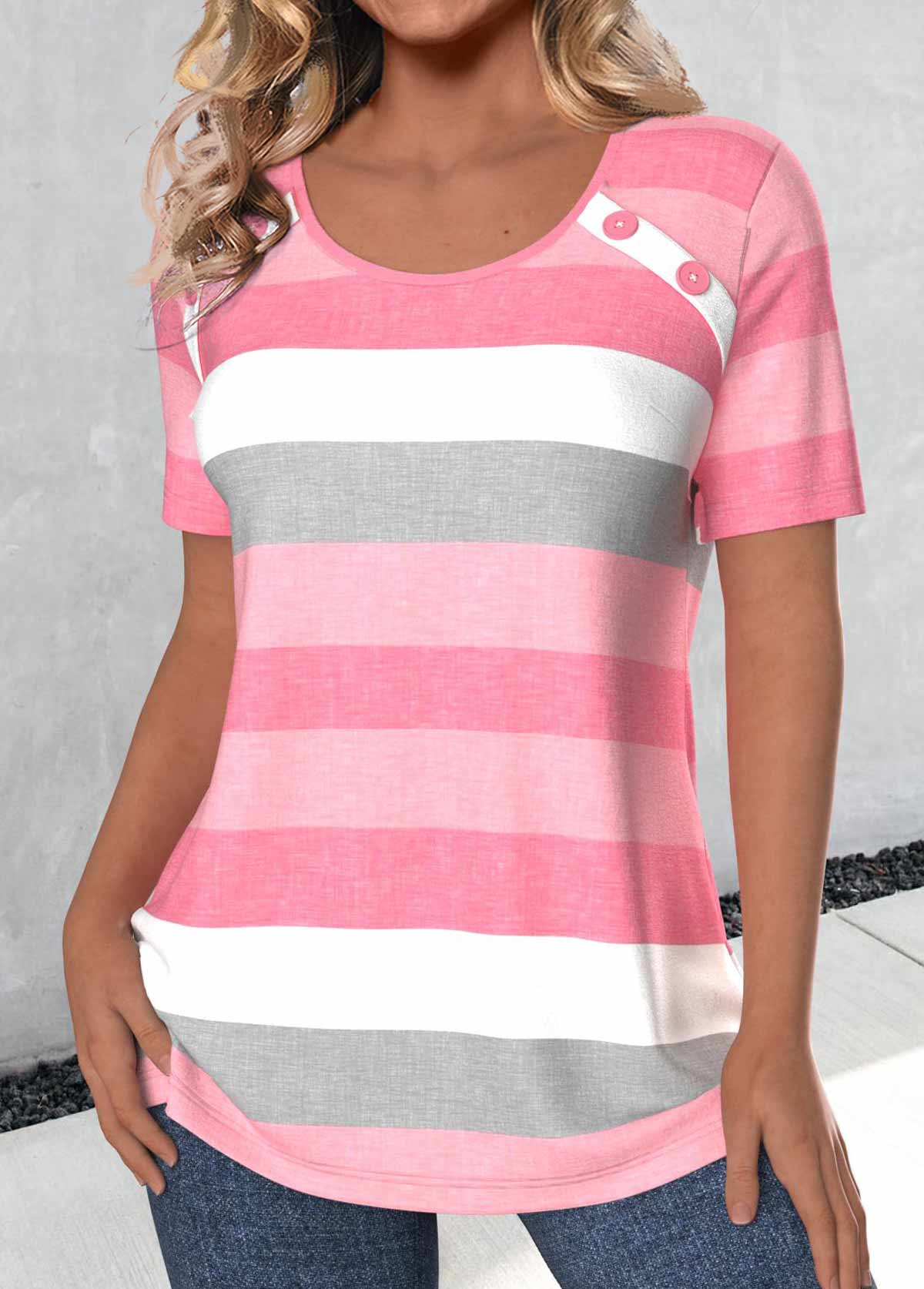 Light Pink Button Striped Short Sleeve T Shirt