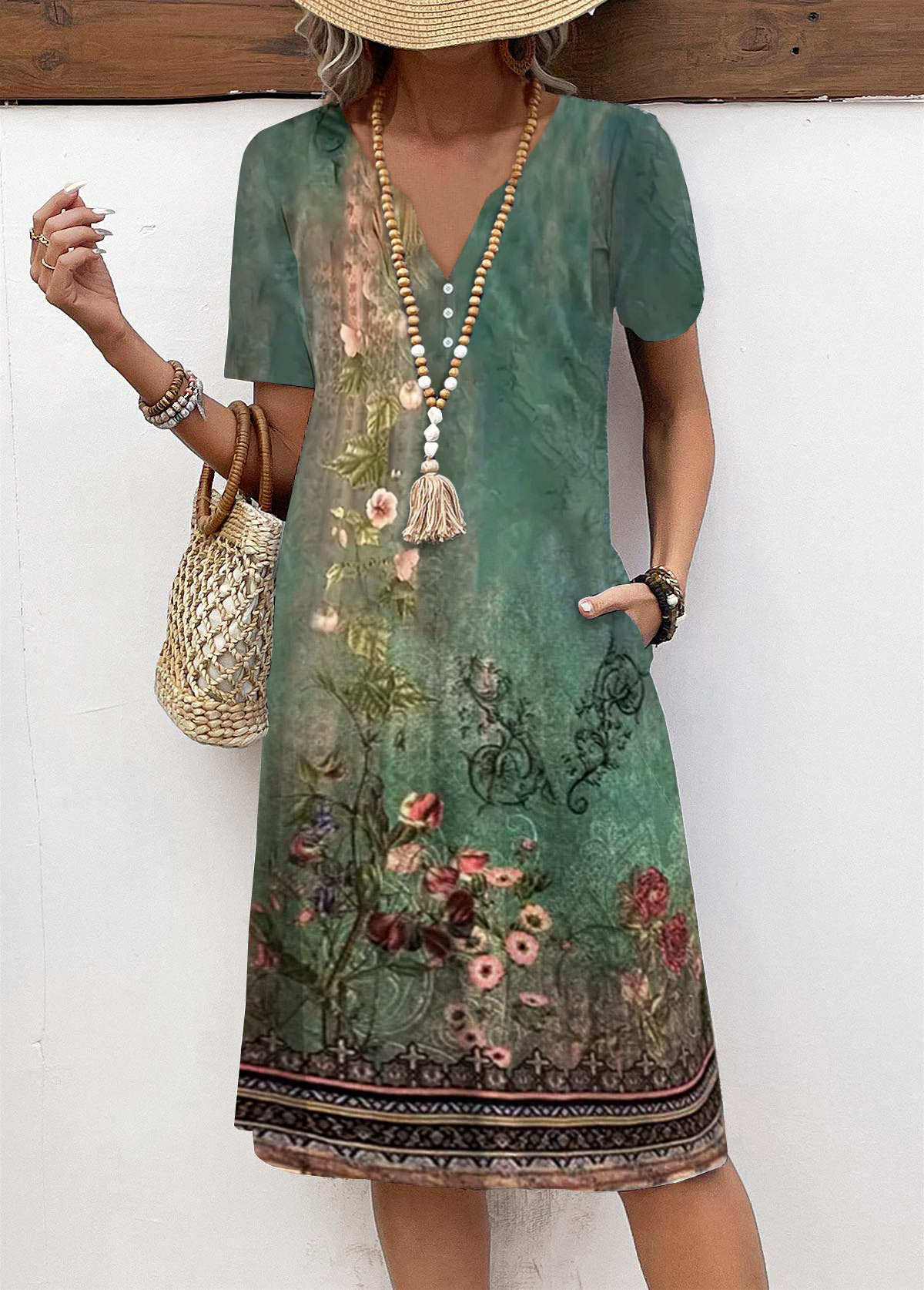Plus Size Green Button Floral Print A Line Dress