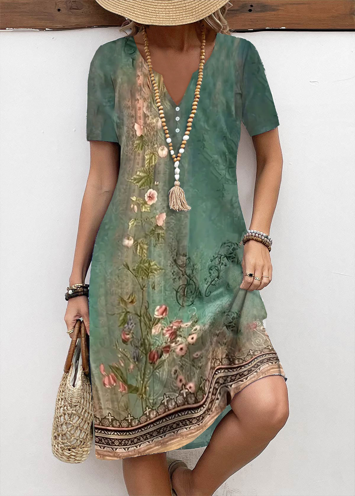 Plus Size Green Tummy Coverage Tribal Print Dress | picture 