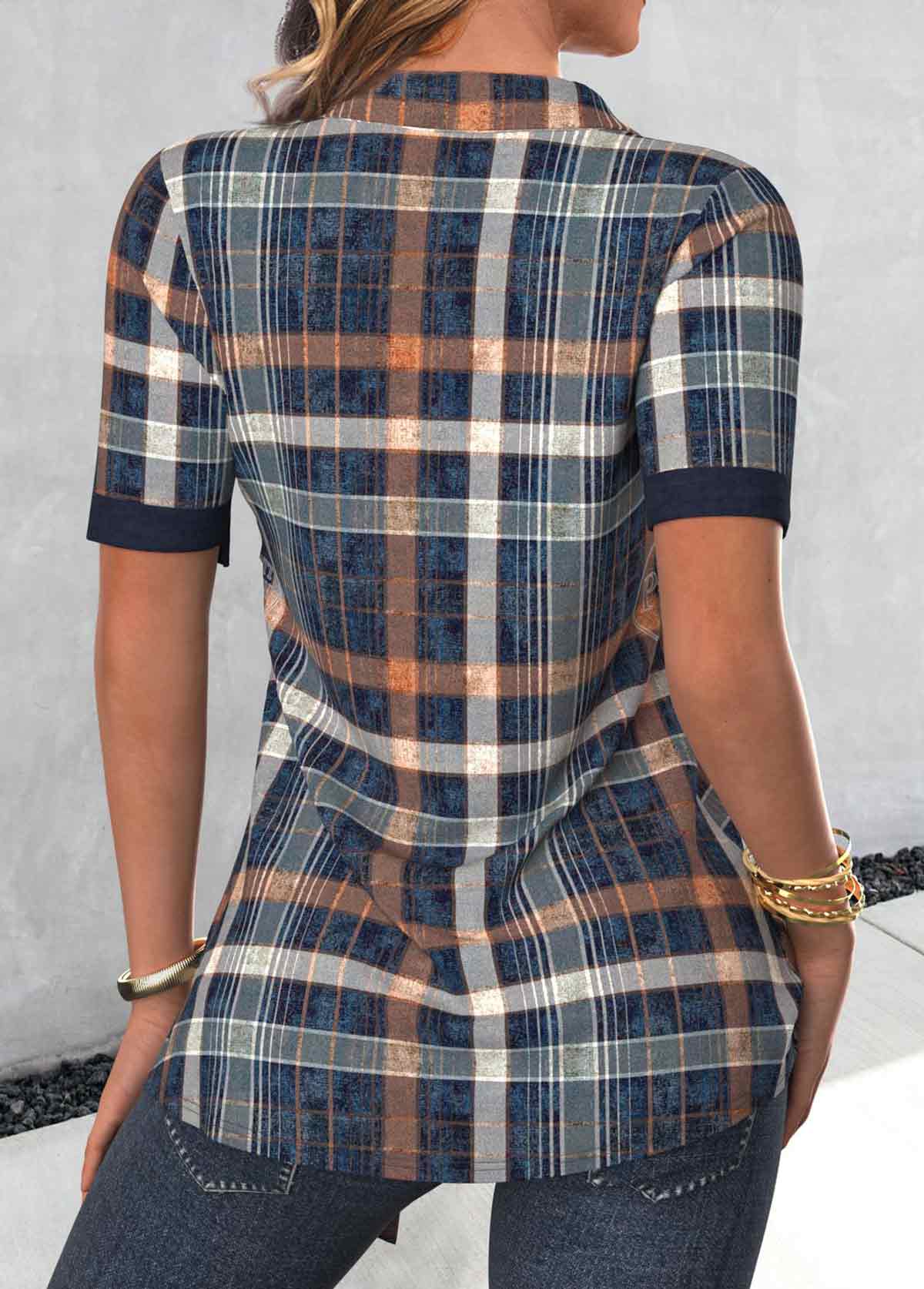 Plus Size Navy Fake 2in1 Plaid Short Sleeve Blouse