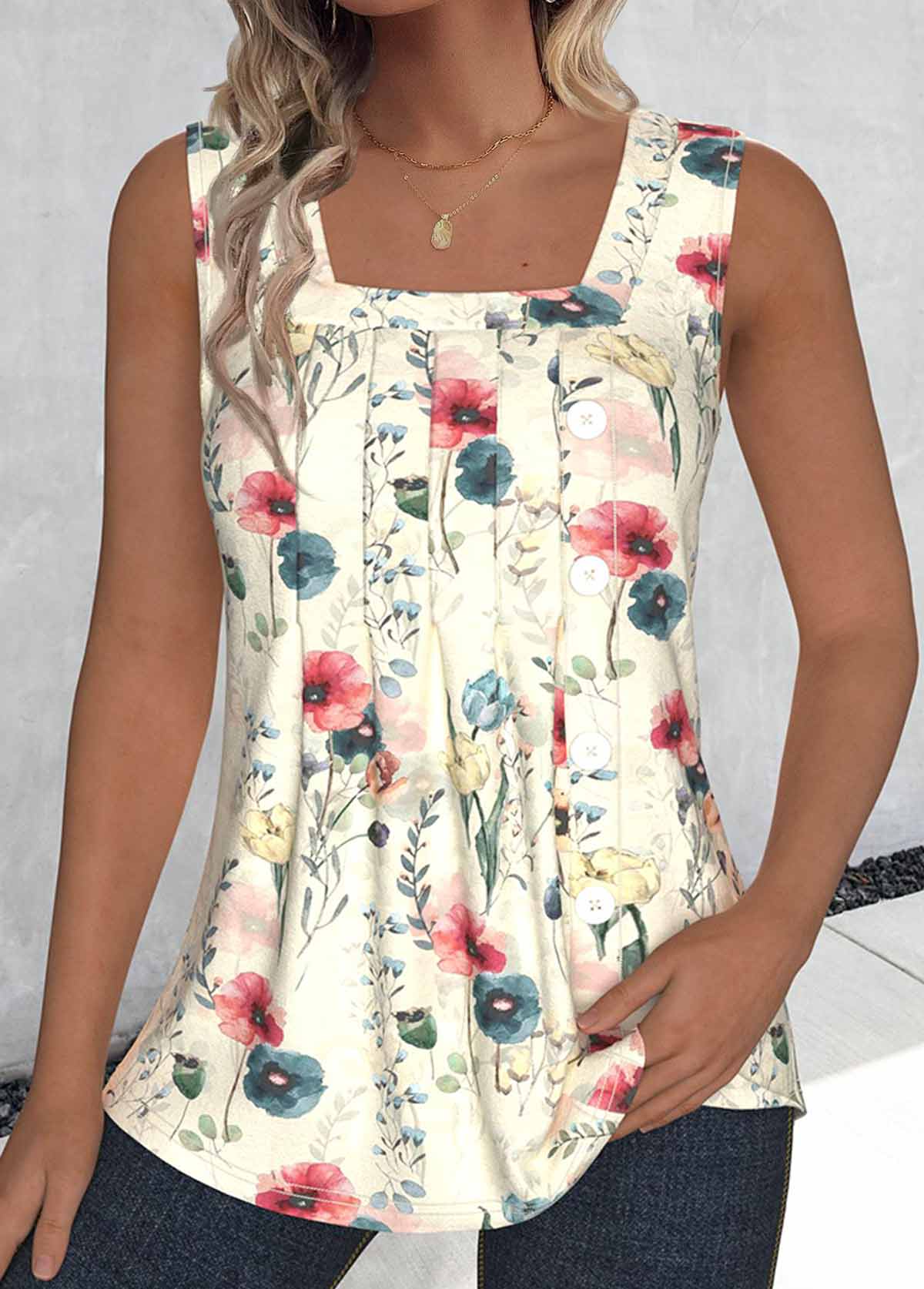 Multi Color Tuck Stitch Random Floral Print Tank Top | picture 