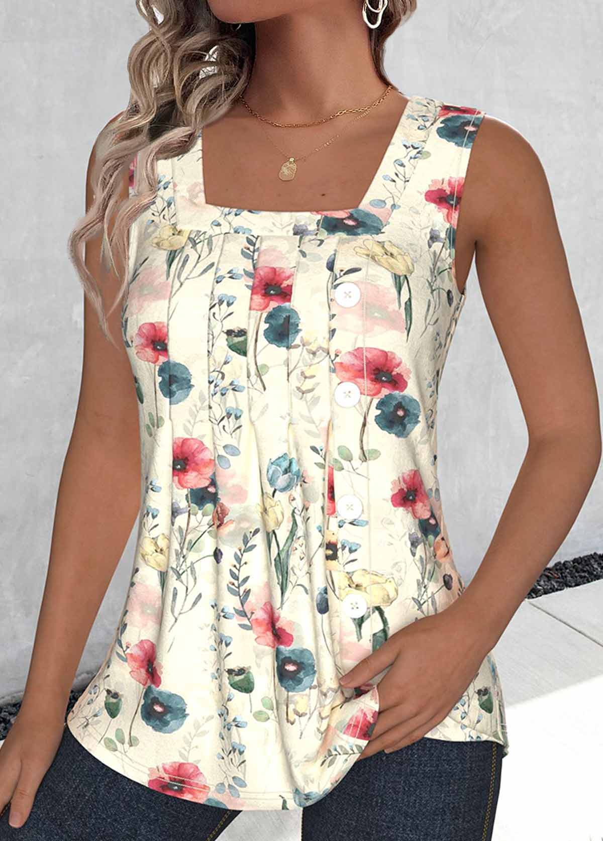 Multi Color Tuck Stitch Random Floral Print Tank Top | picture 