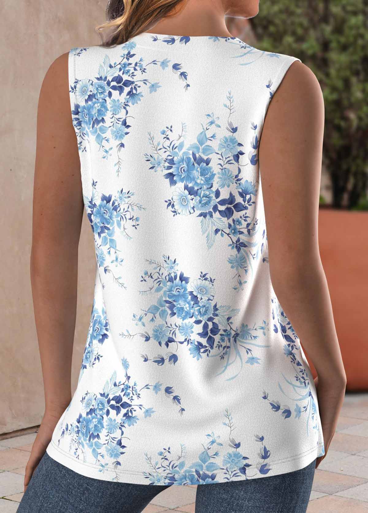 Light Blue Button Floral Print Sleeveless Tank Top