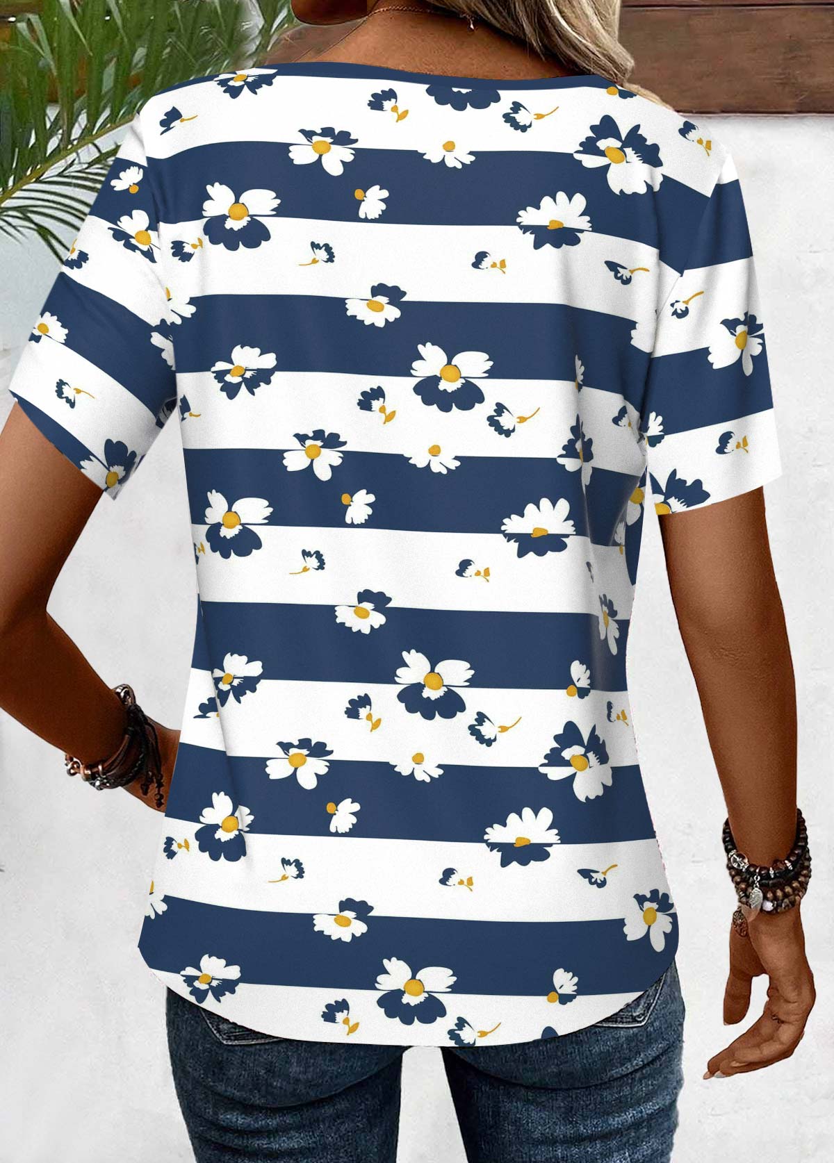 Navy Criss Cross Striped Short Sleeve T Shirt