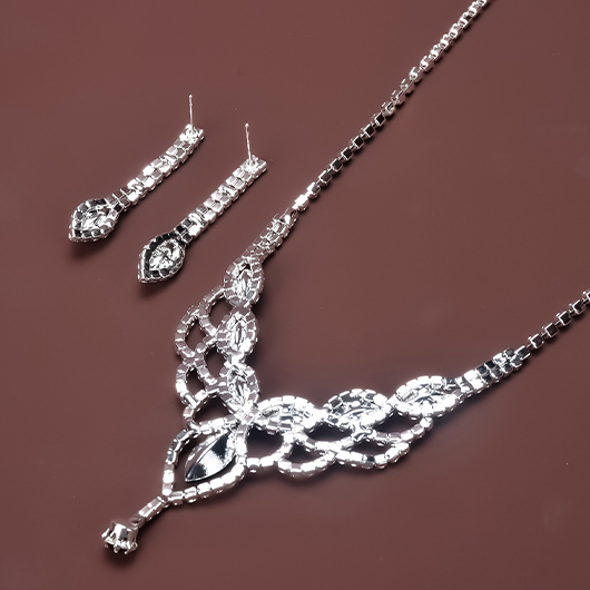 Silvery White Rhinestone Hollow Earrings and Necklace