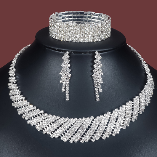 Silvery White Rhinestone Copper Necklace and Bracelet Set