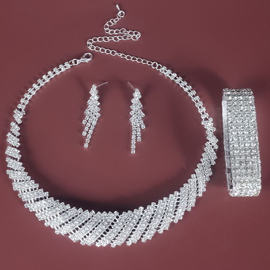 Silvery White Rhinestone Copper Necklace and Bracelet Set