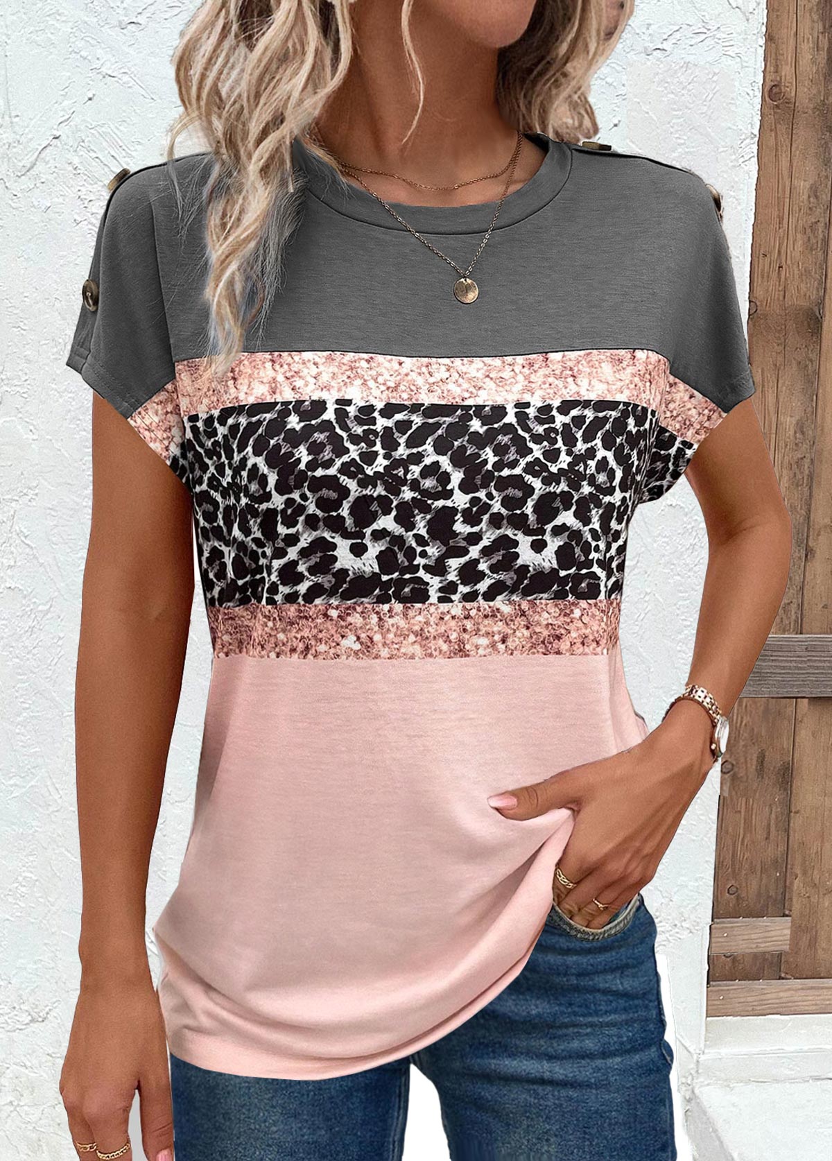Pink Button Leopard Short Sleeve Round Neck T Shirt