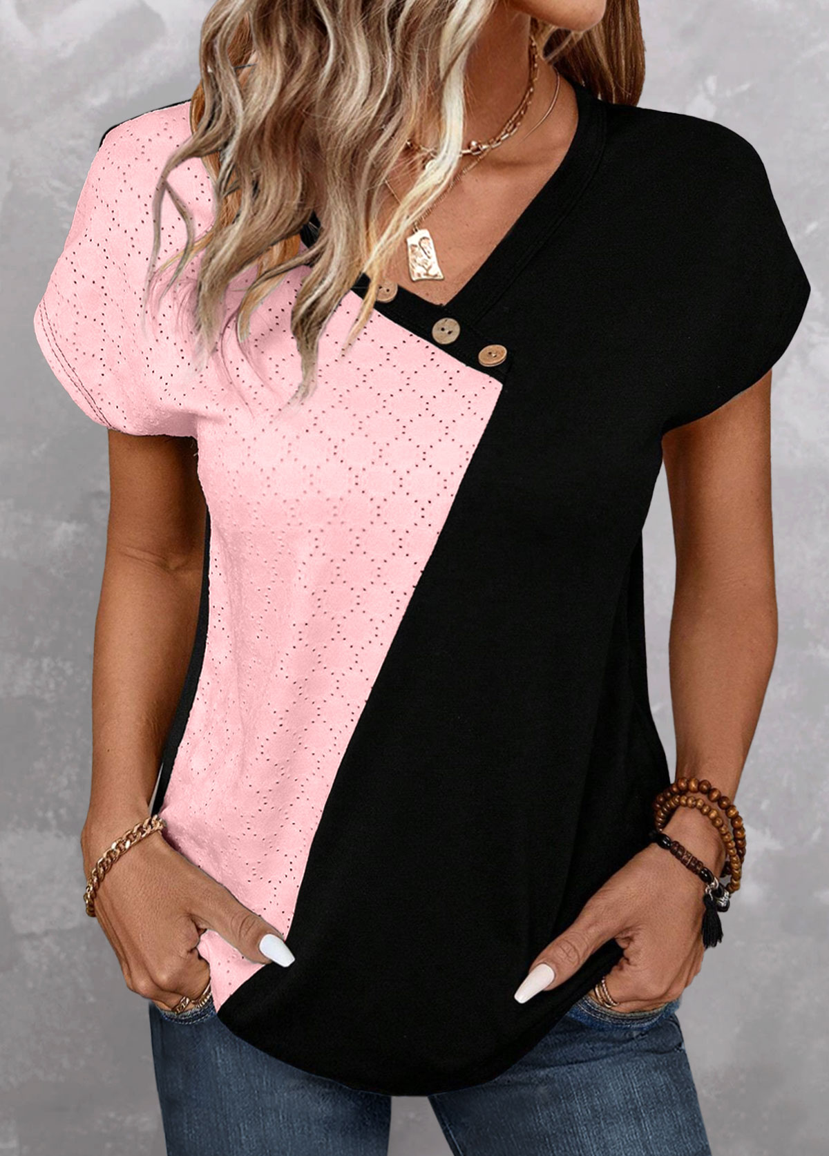 Plus Size Light Pink Patchwork Short Sleeve T Shirt