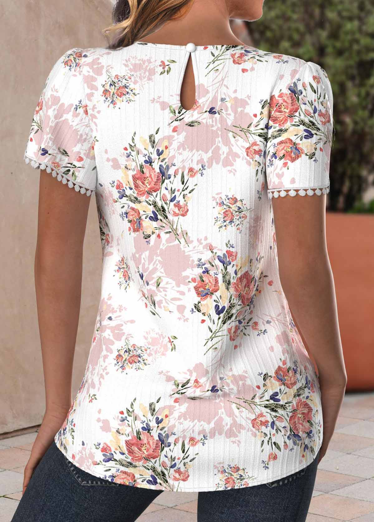 Light Pink Textured Fabric Floral Print Short Sleeve Blouse