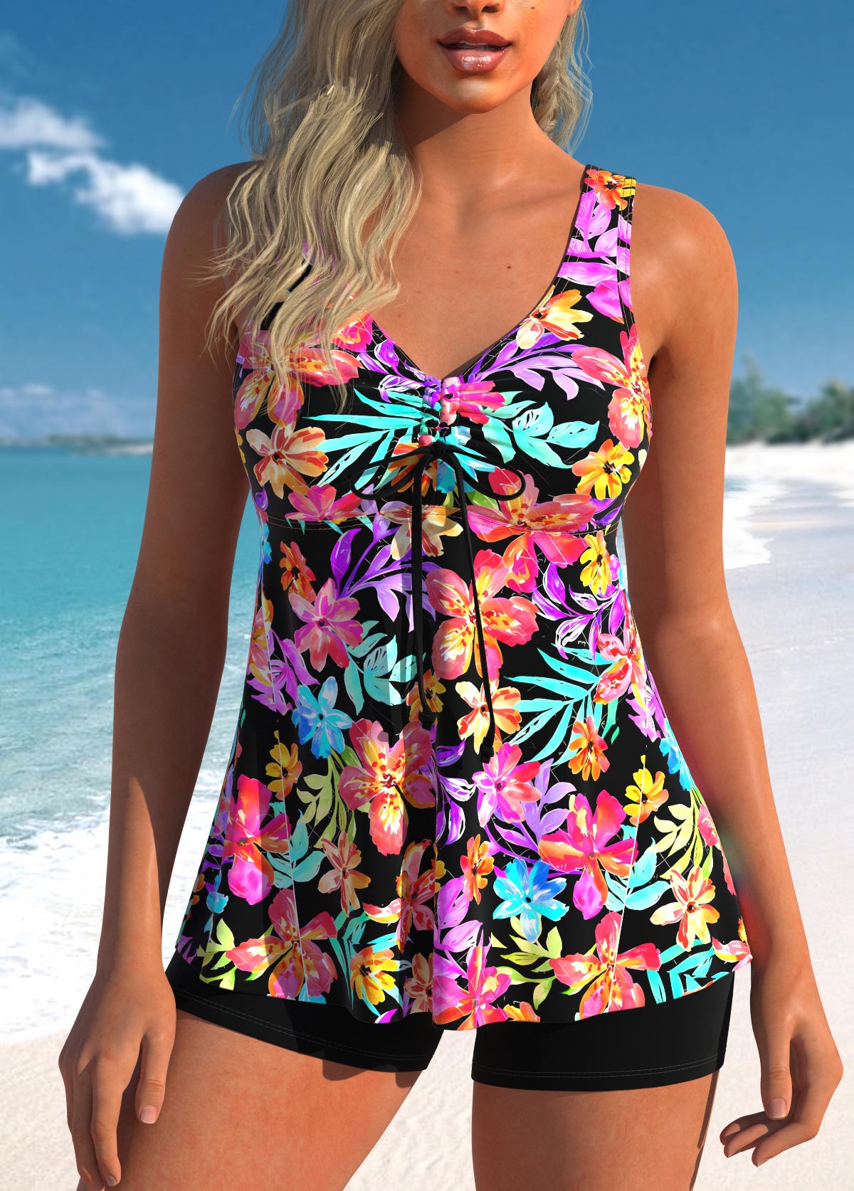 Drawstring Floral Print Multi Color Tankini Set