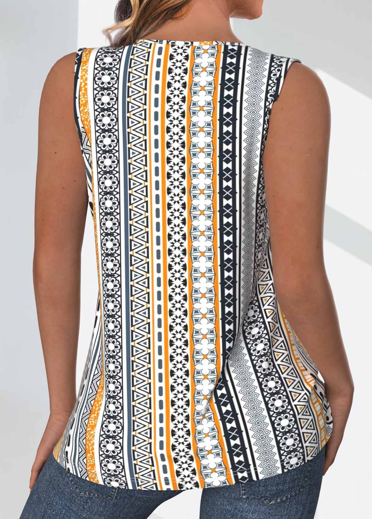 Light Yellow Tuck Stitch Tribal Print Sleeveless Tank Top | picture 