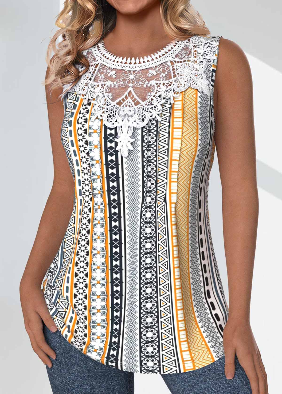 Light Yellow Tuck Stitch Tribal Print Sleeveless Tank Top | picture 
