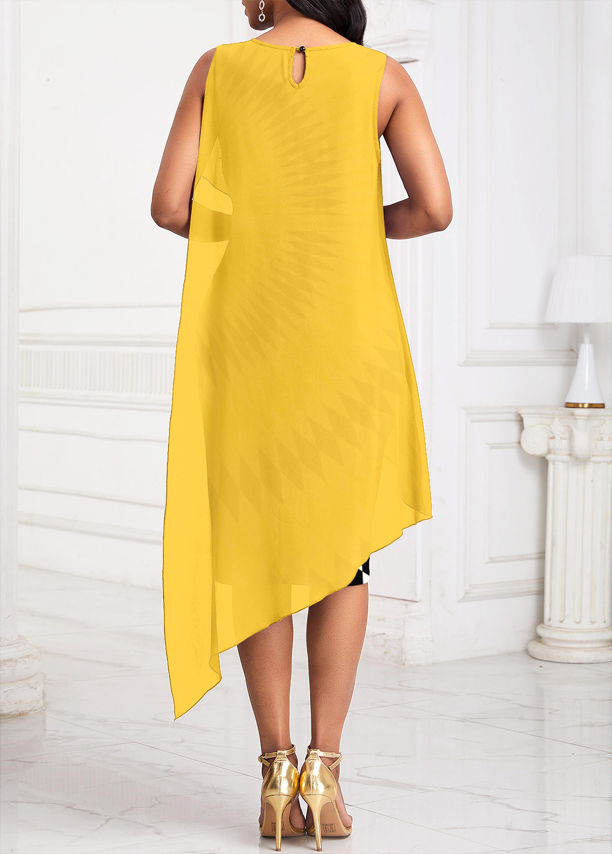 Yellow Patchwork Wave Pattern Print Sleeveless Bodycon Dress