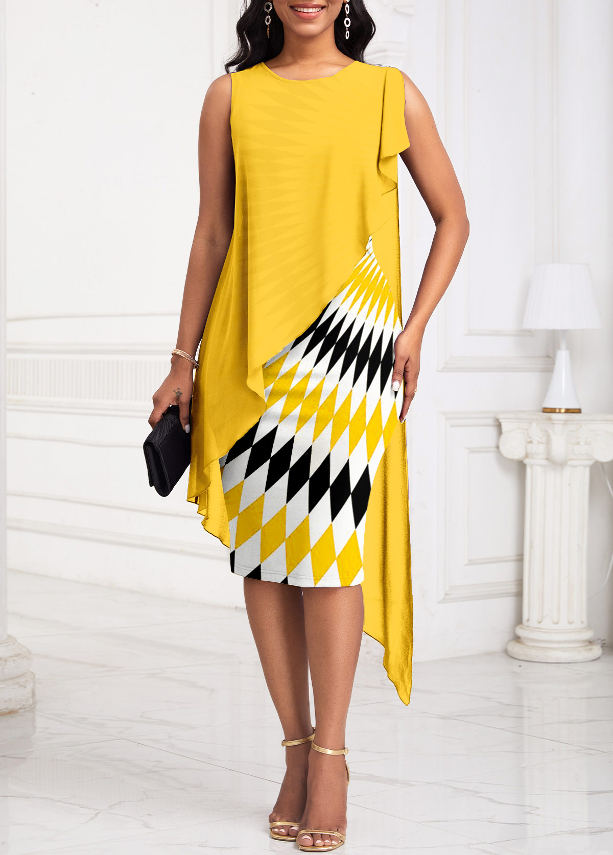 Yellow Patchwork Wave Pattern Print Sleeveless Bodycon Dress
