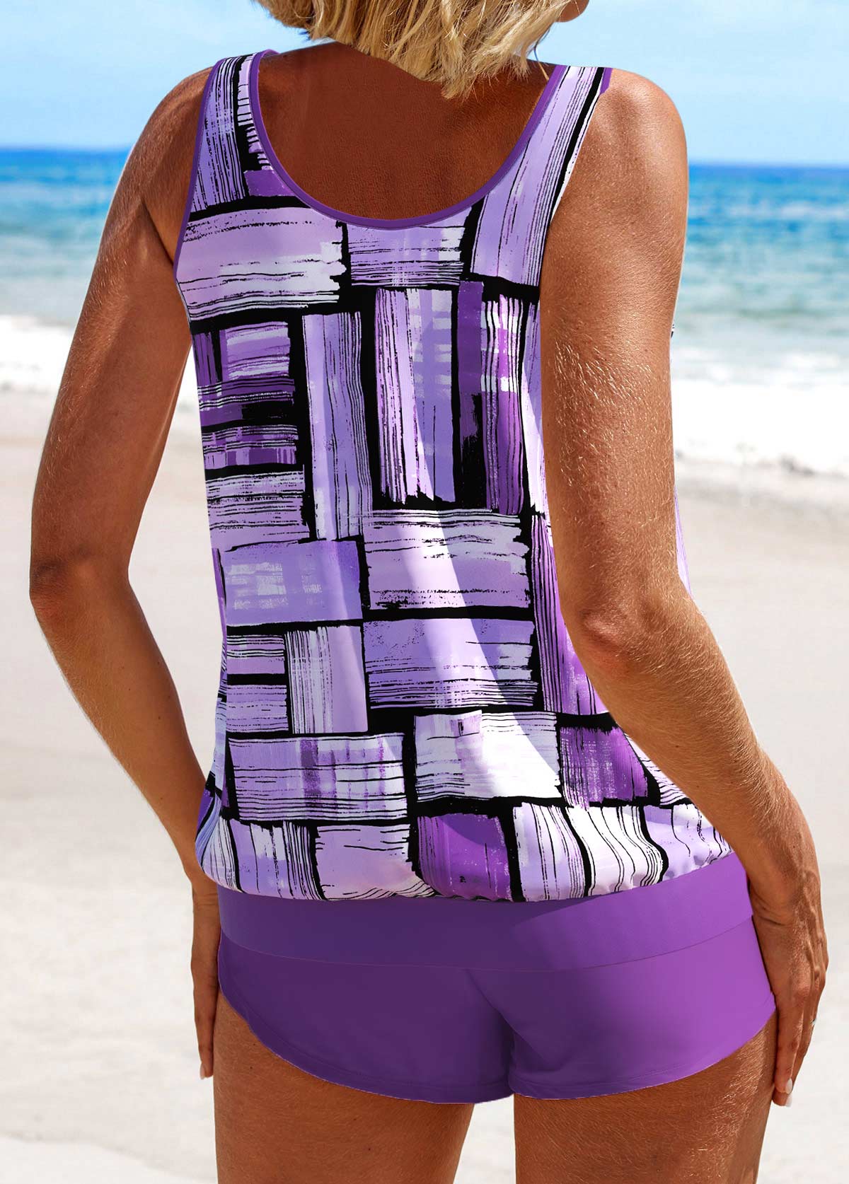 Tie Geometric Print Purple Tankini Set | picture 