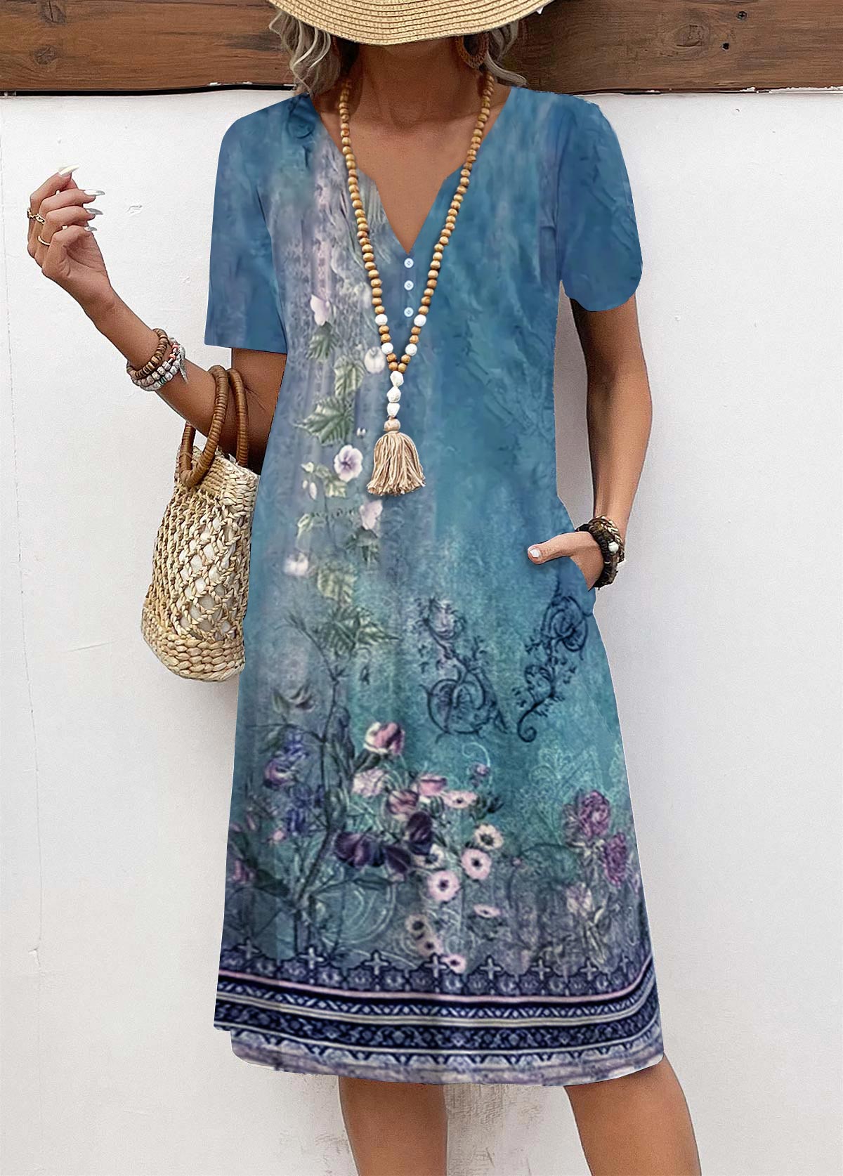 Blue Button Floral Print A Line Short Sleeve Dress | picture 