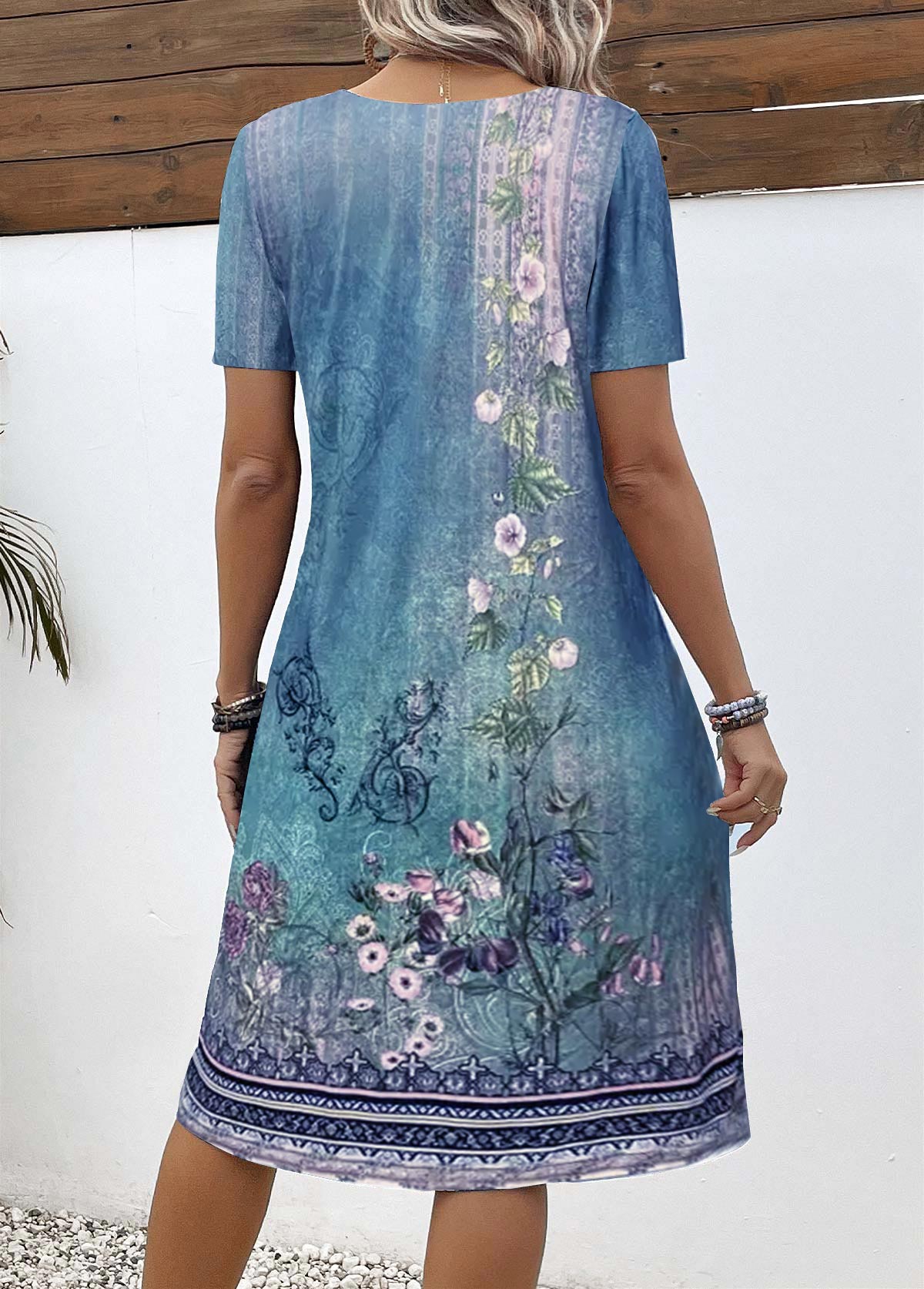 Blue Button Floral Print A Line Short Sleeve Dress