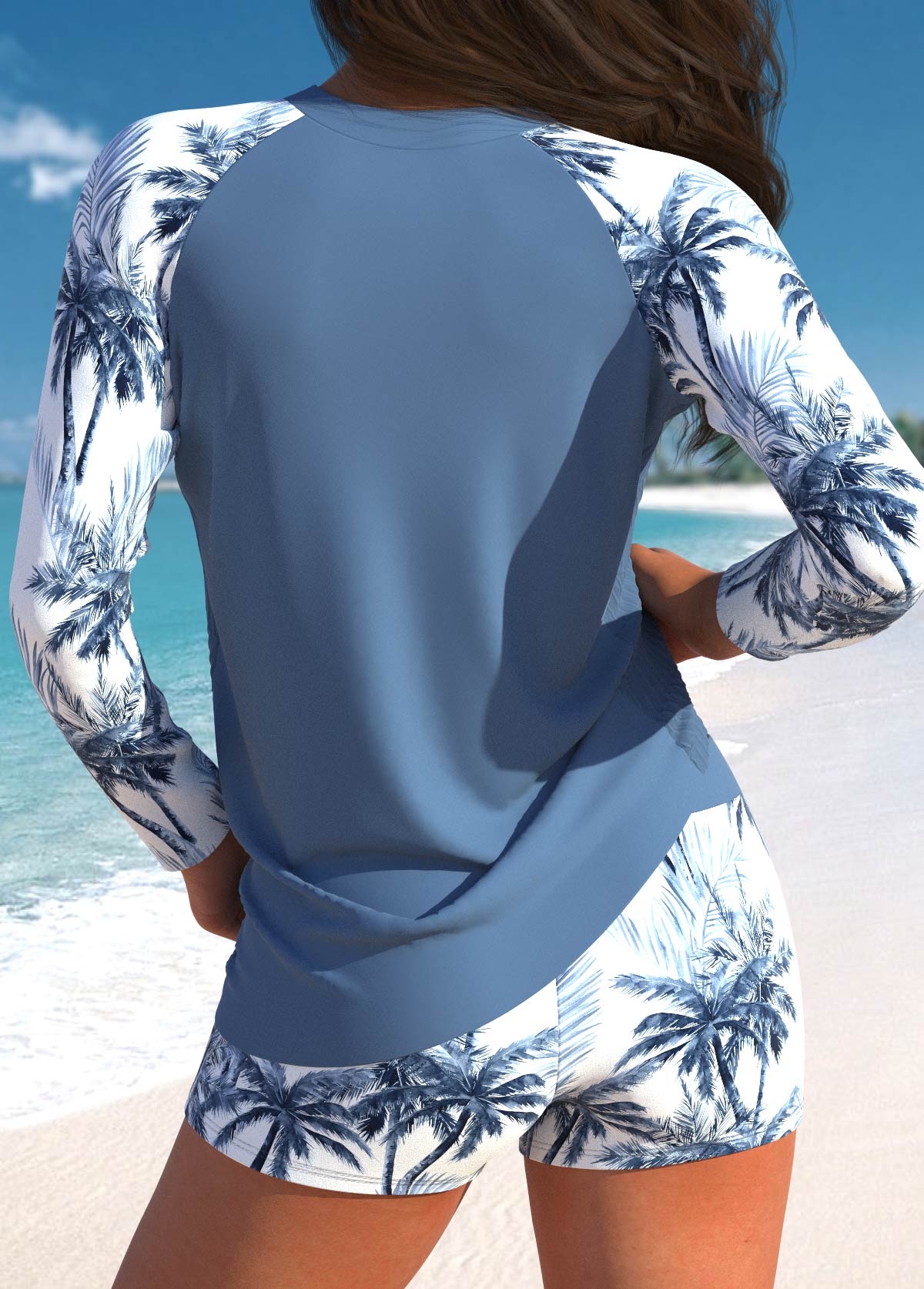 Patchwork Tropical Plants Print Dusty Blue Tankini Set | picture 