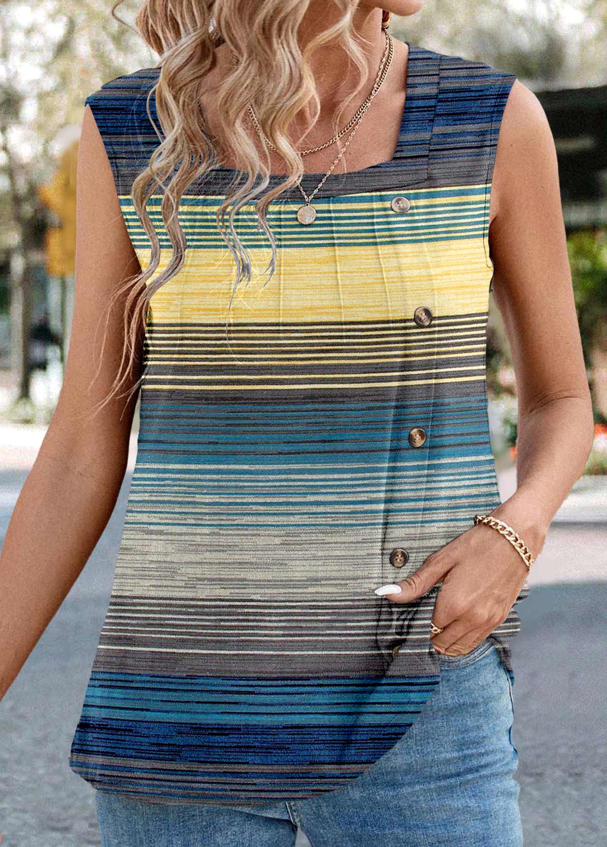Blue Button Striped Sleeveless Square Neck Tank Top | picture 