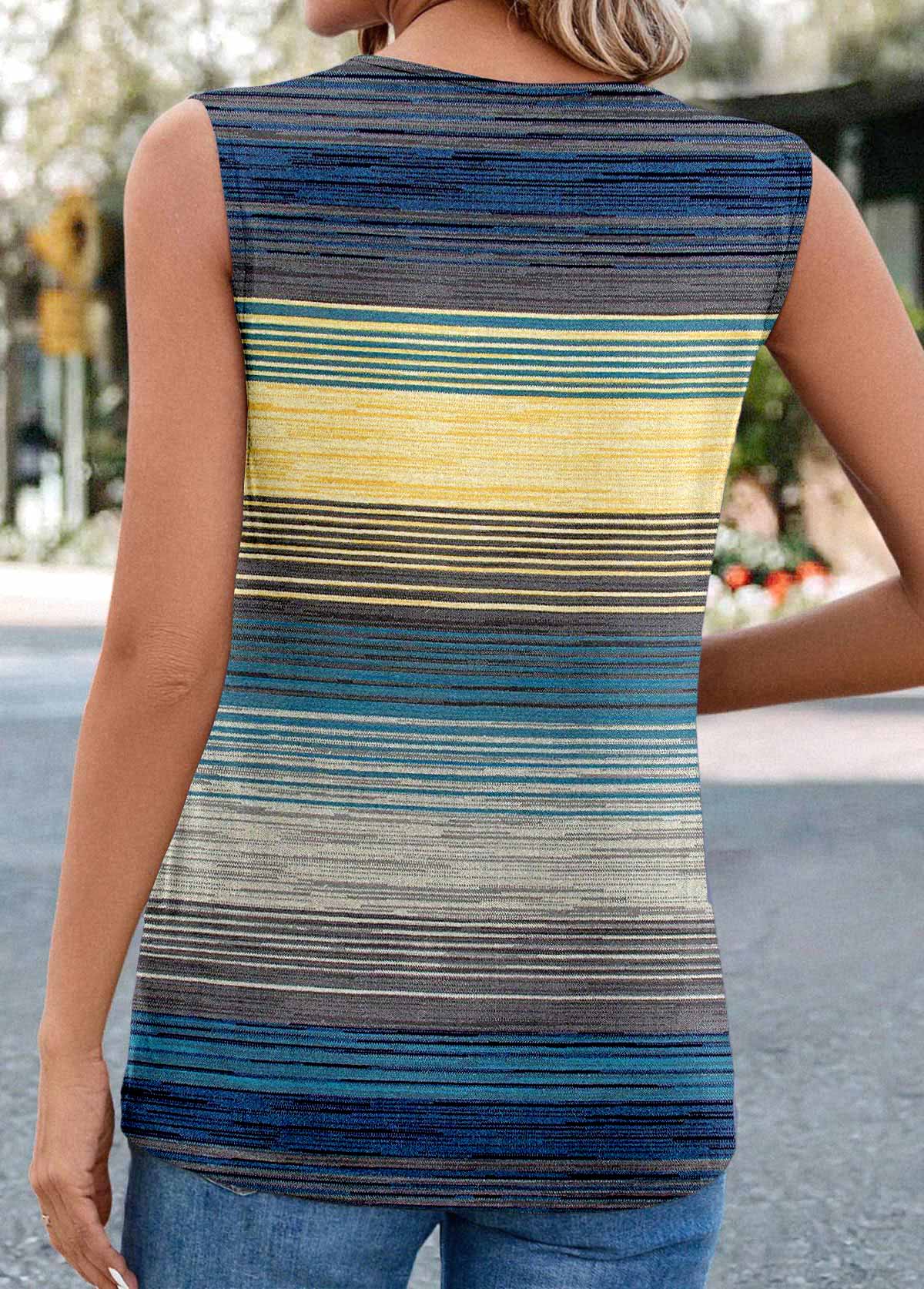 Blue Button Striped Sleeveless Square Neck Tank Top | picture 