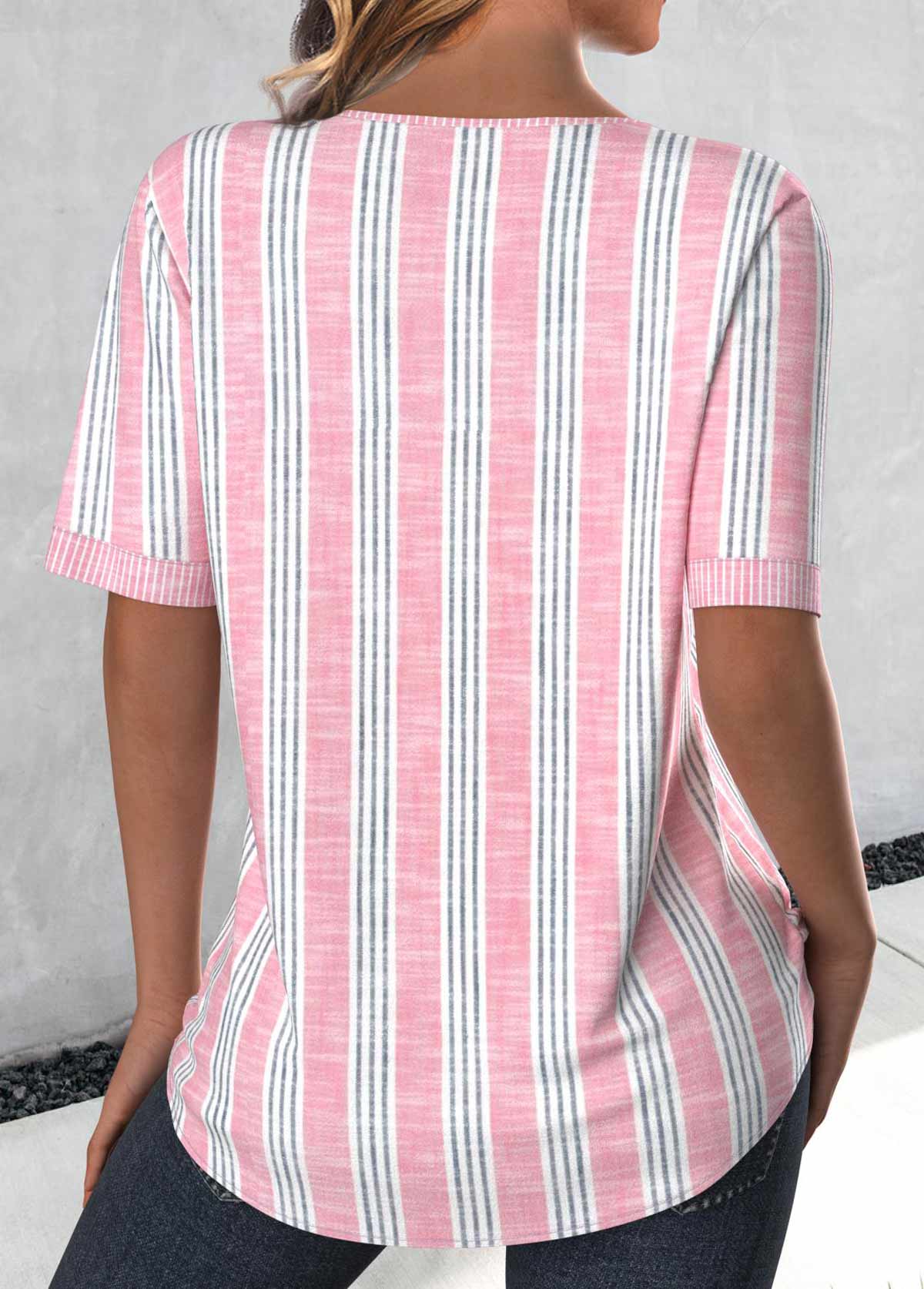 Plus Size Light Pink Button Striped Short Sleeve Blouse