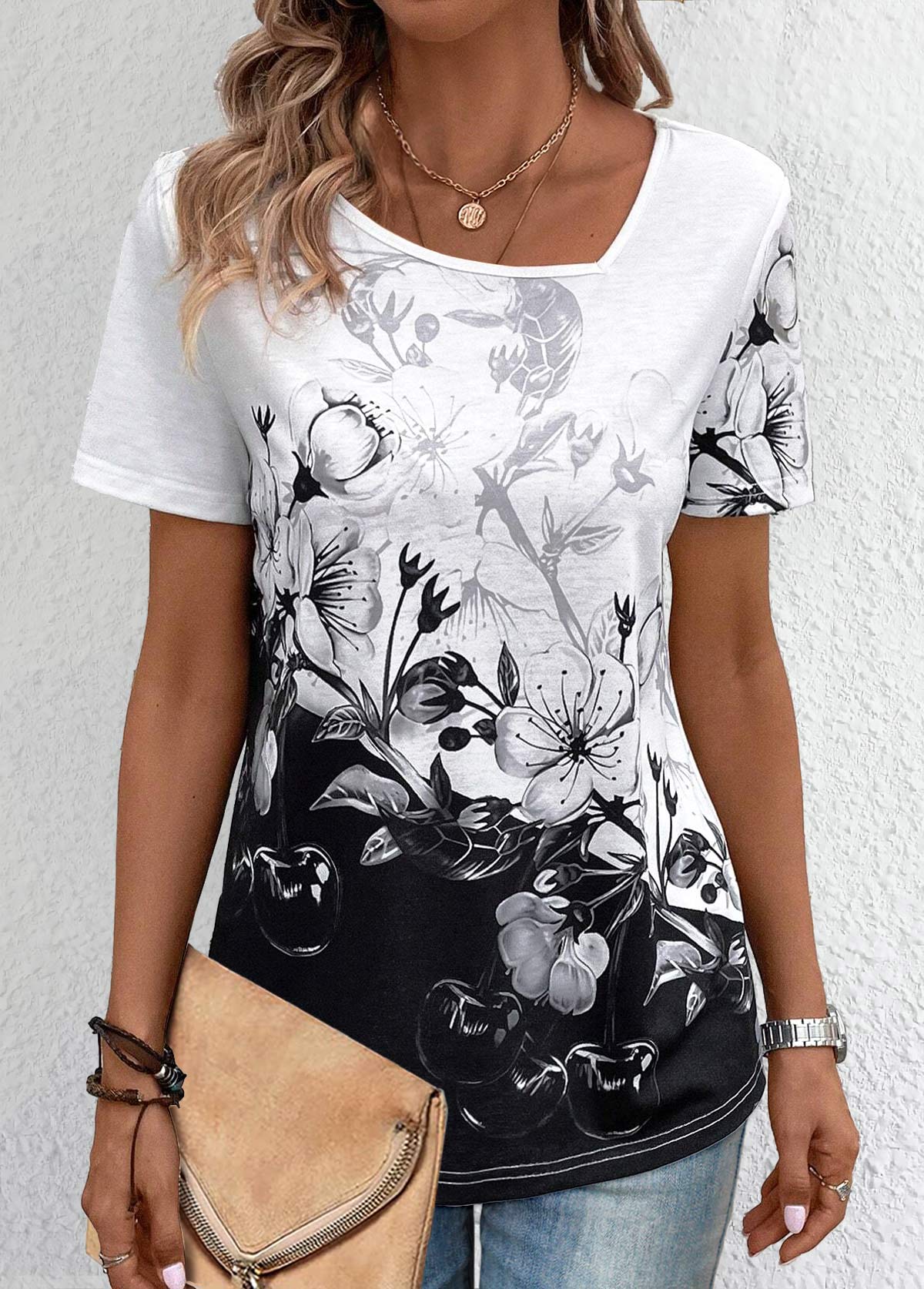 Black Lightweight Floral Print Short Sleeve T Shirt