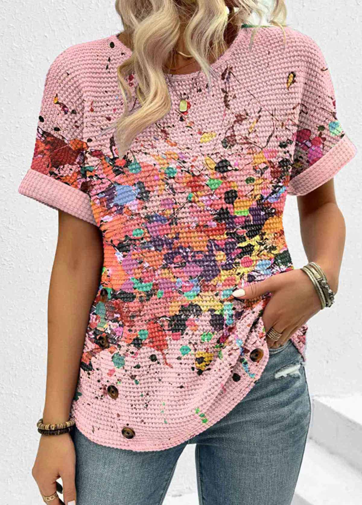 Pink Patchwork Dazzle Colorful Print Short Sleeve T Shirt