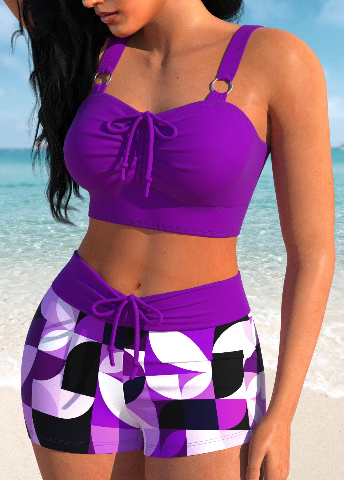 Bowknot Geometric Print Purple Bikini Set